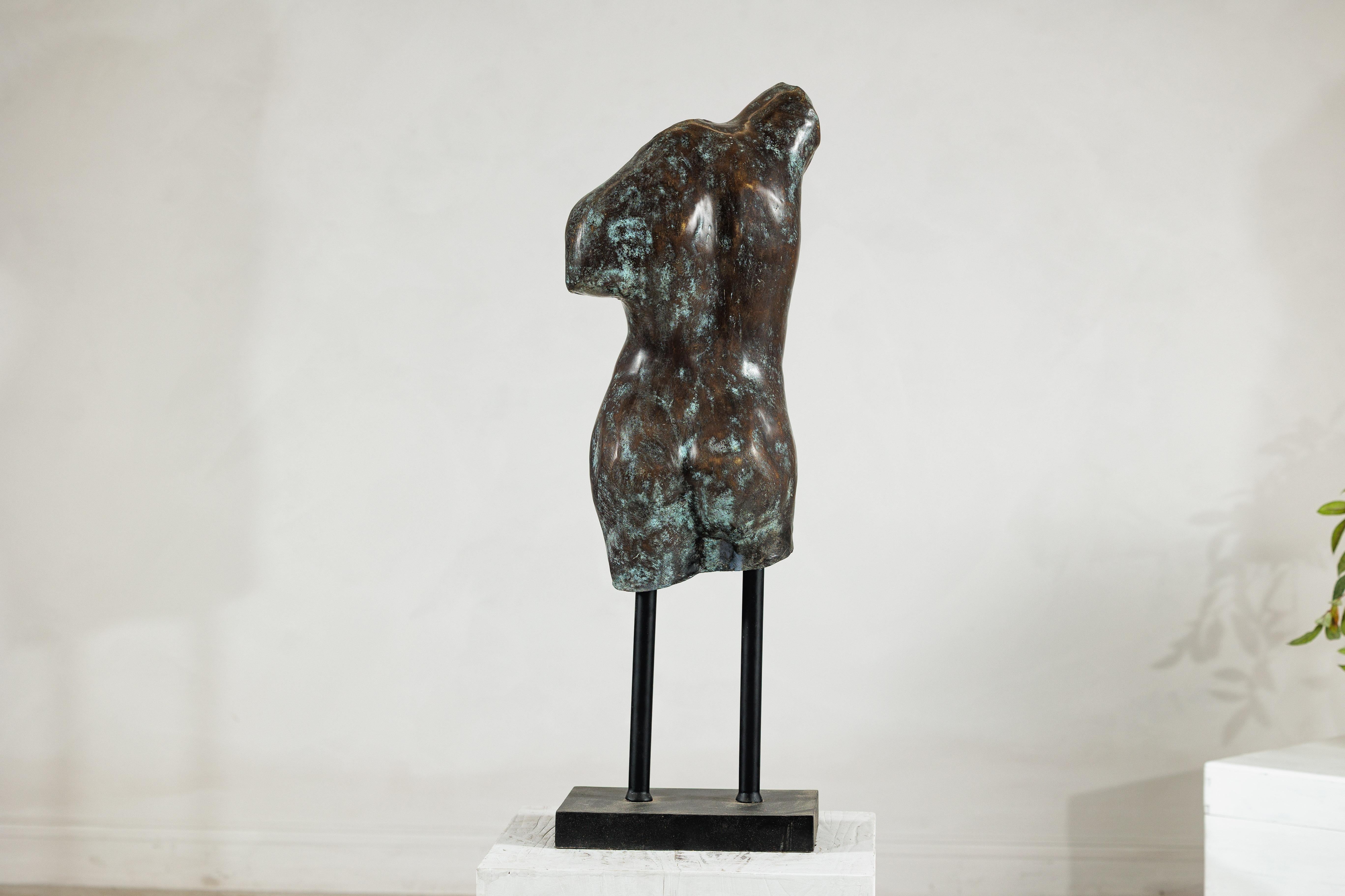 Bronze Male Torso Sculpture with Verdigris Patina Mounted on Black Stand For Sale 6