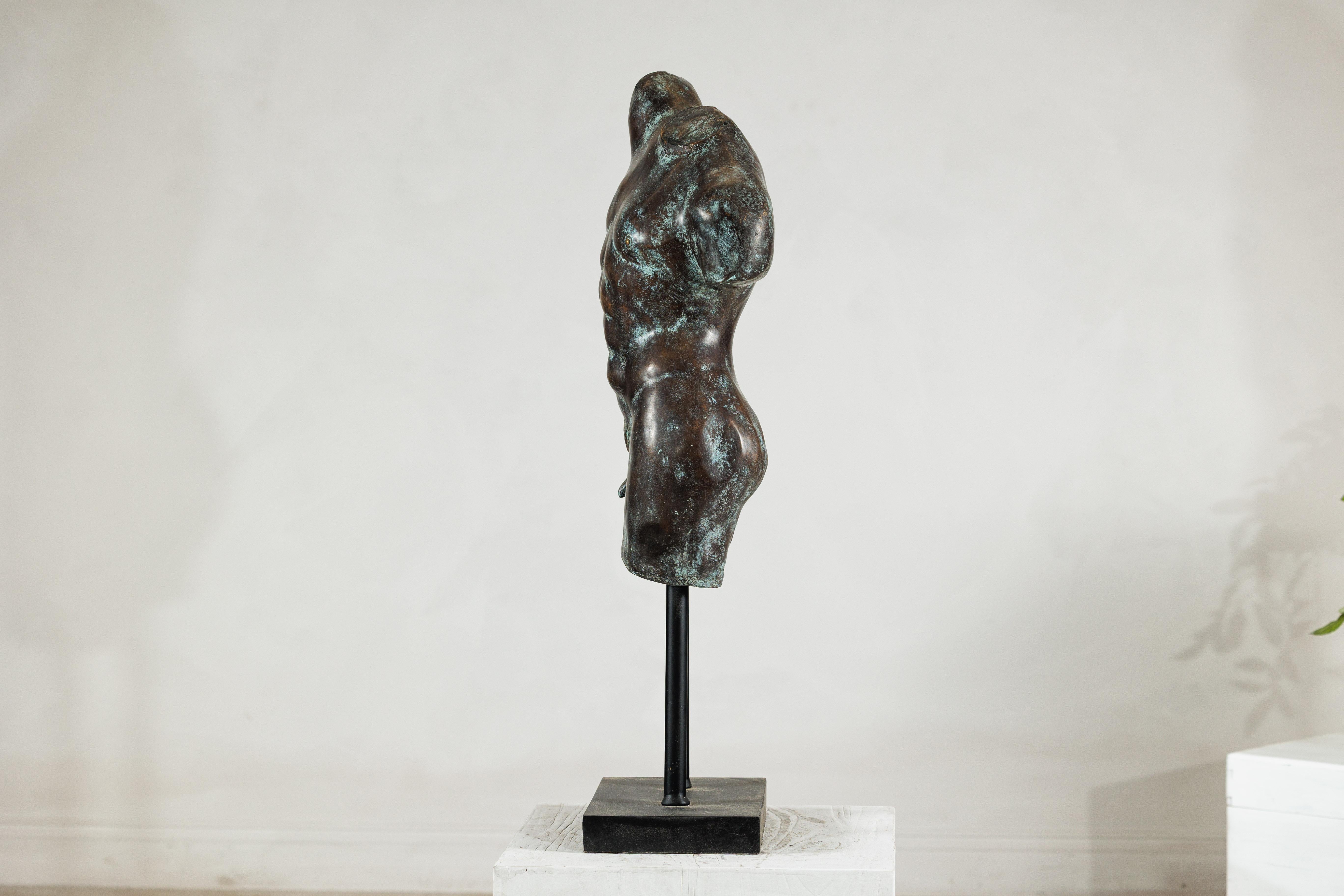 Bronze Male Torso Sculpture with Verdigris Patina Mounted on Black Stand For Sale 7