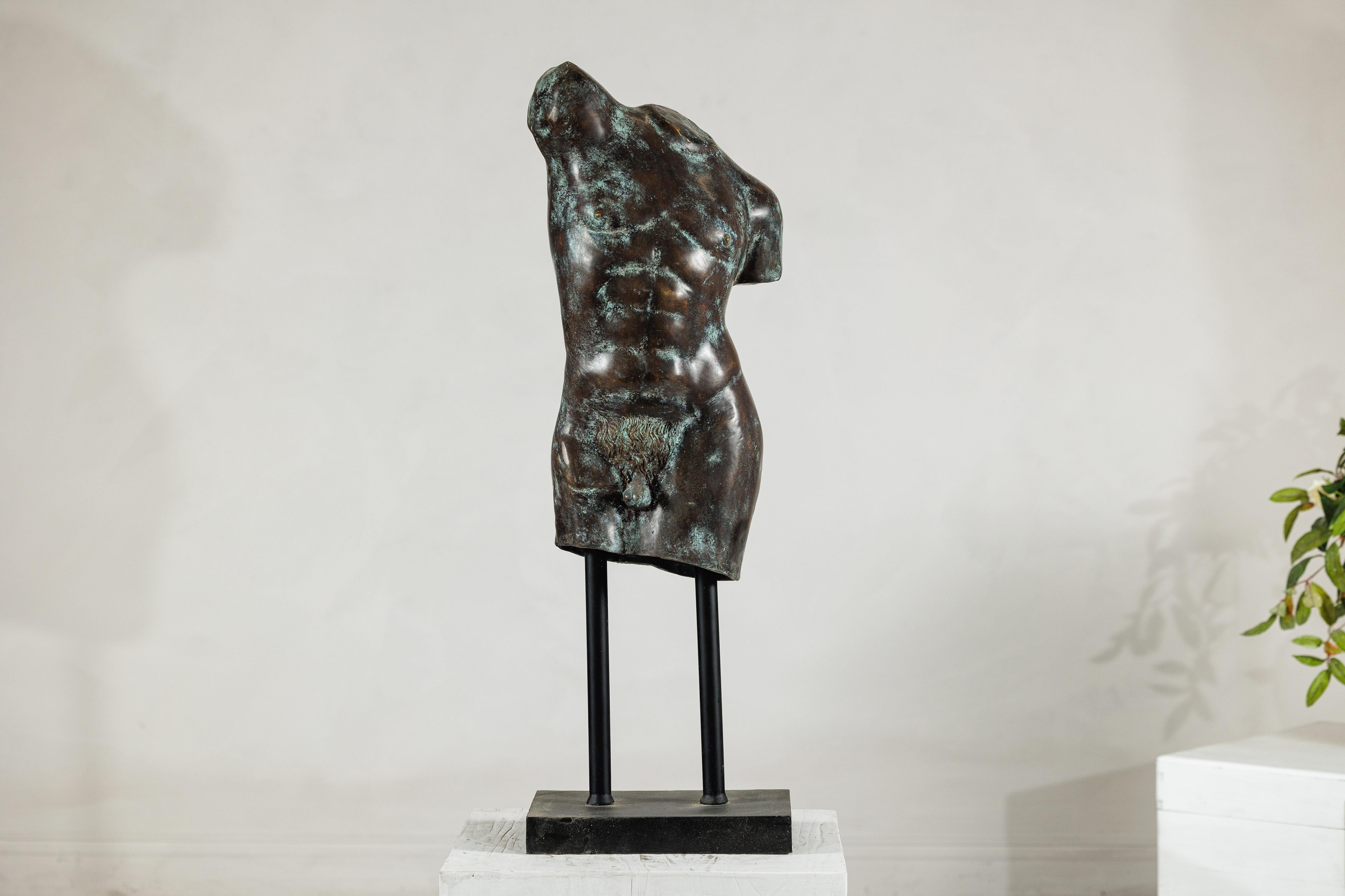 Bronze Male Torso Sculpture with Verdigris Patina Mounted on Black Stand For Sale 10