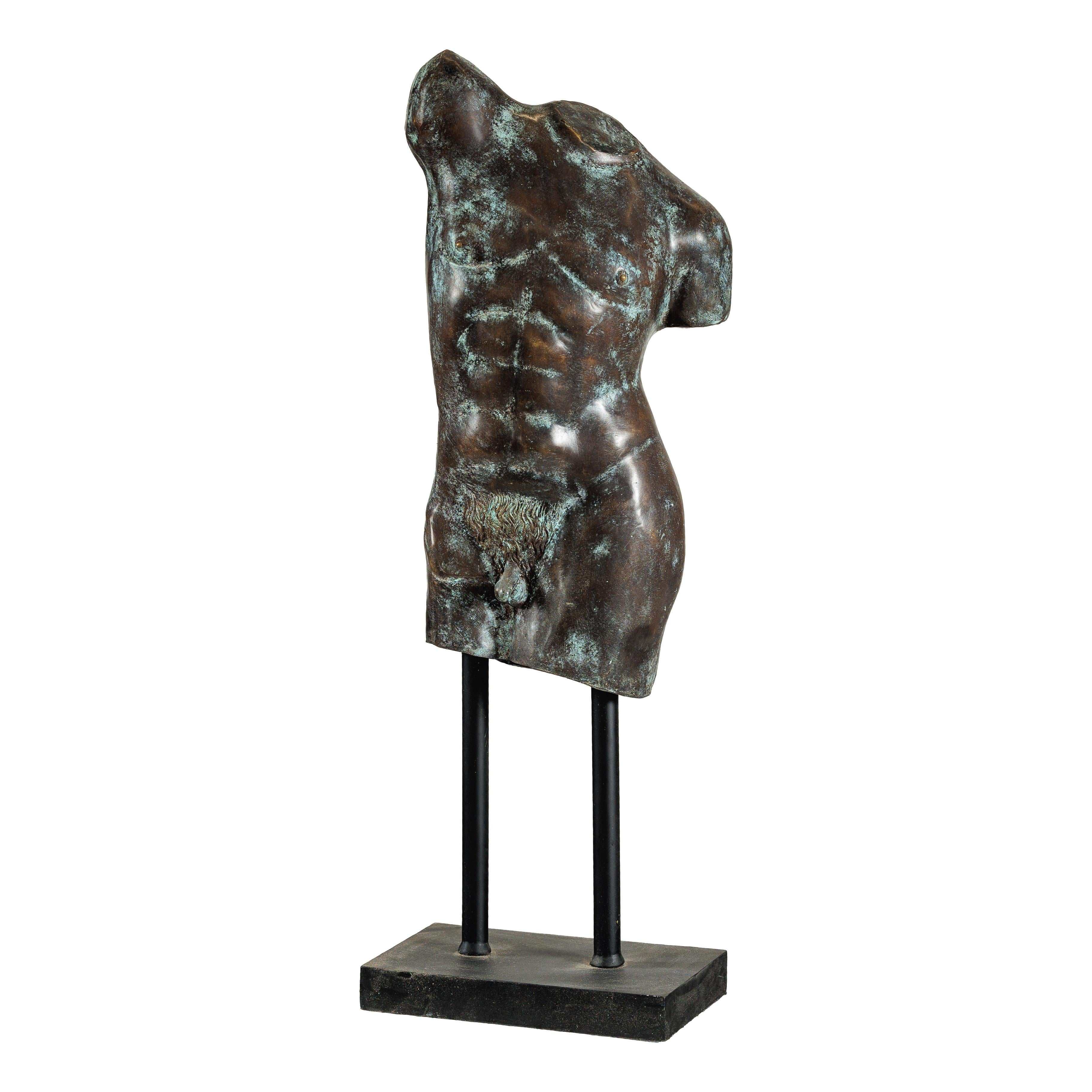 Bronze Male Torso Sculpture with Verdigris Patina Mounted on Black Stand For Sale 11