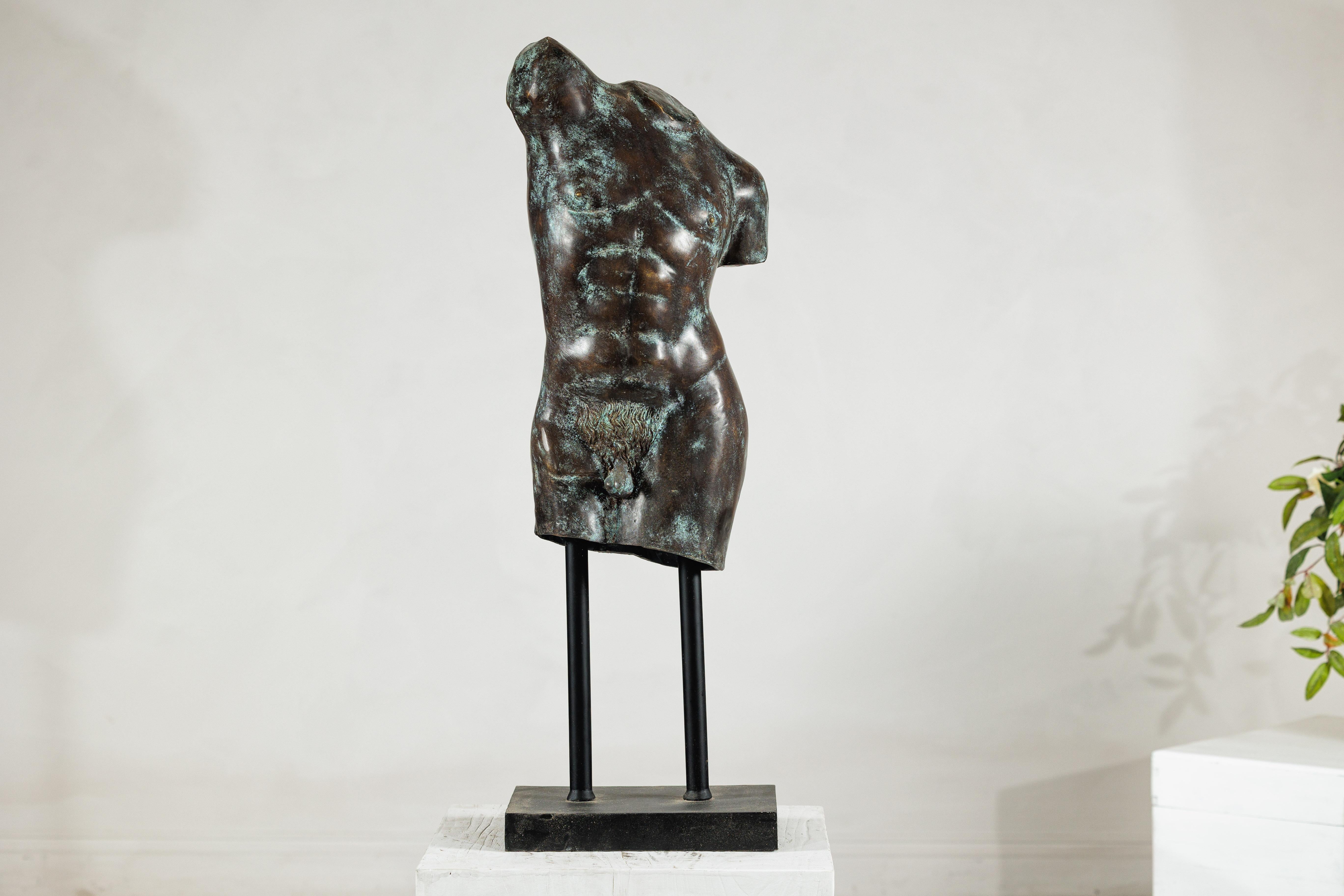 Patinated Bronze Male Torso Sculpture with Verdigris Patina Mounted on Black Stand For Sale