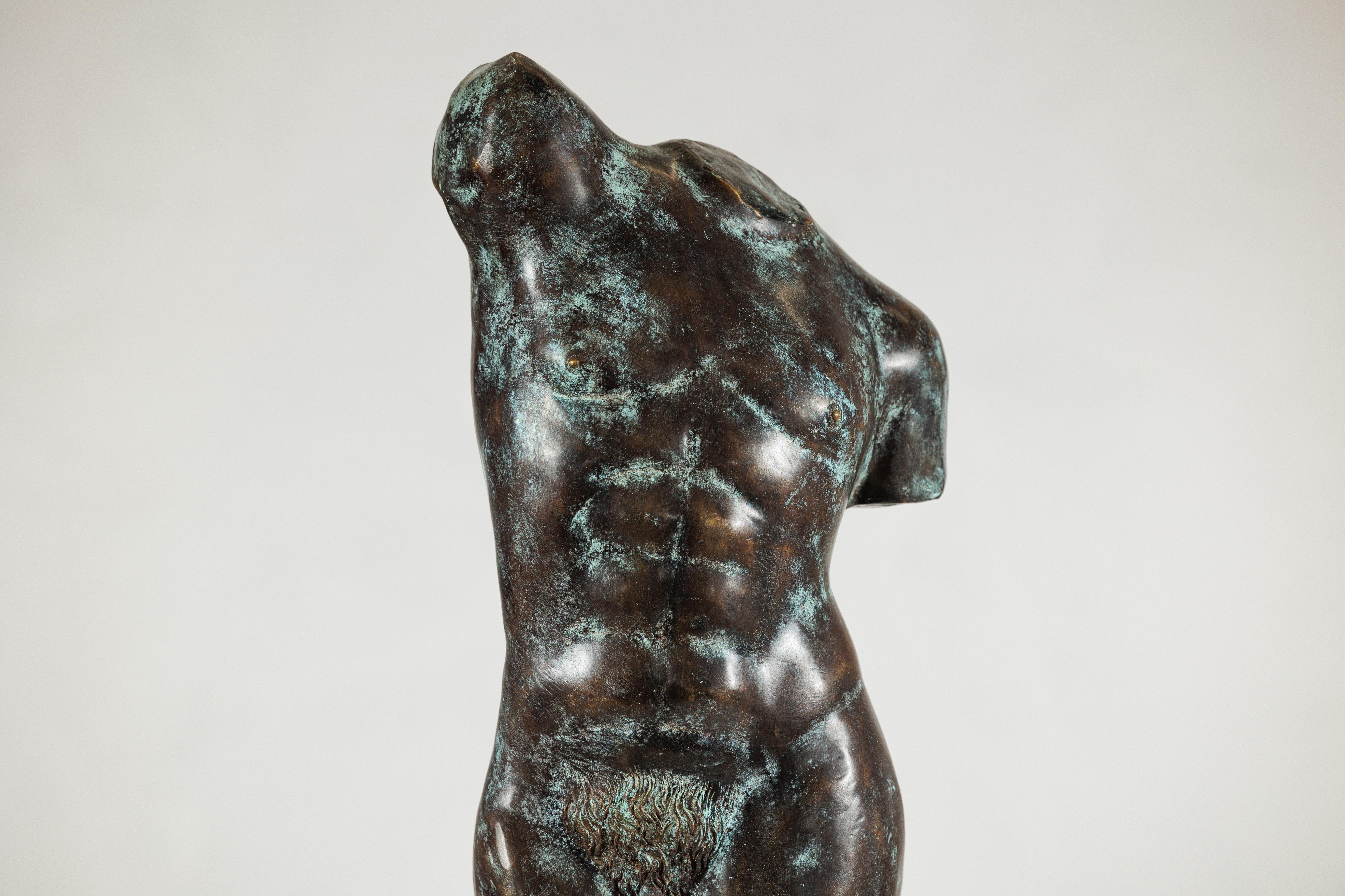 20th Century Bronze Male Torso Sculpture with Verdigris Patina Mounted on Black Stand For Sale
