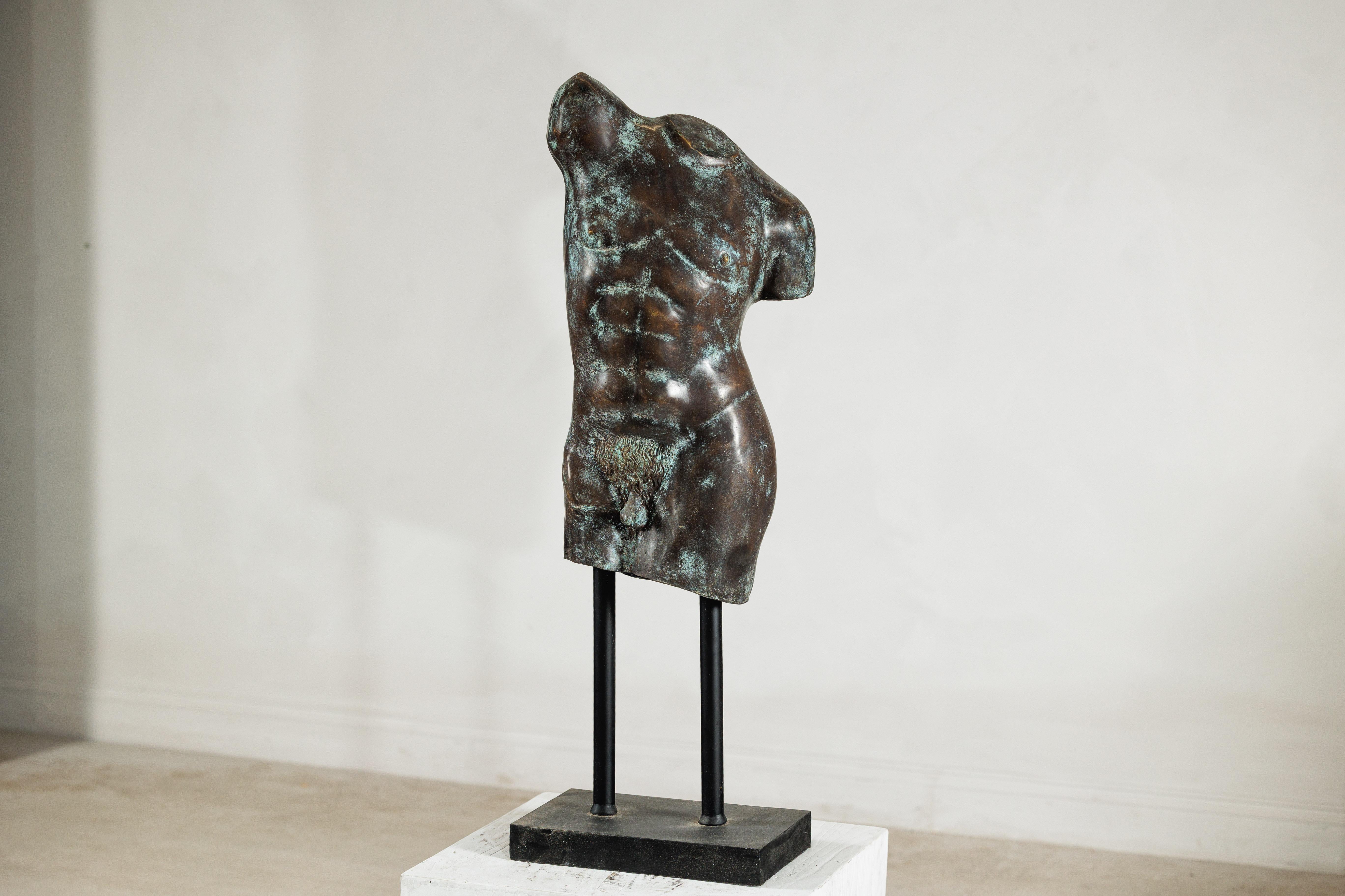 Bronze Male Torso Sculpture with Verdigris Patina Mounted on Black Stand For Sale 1