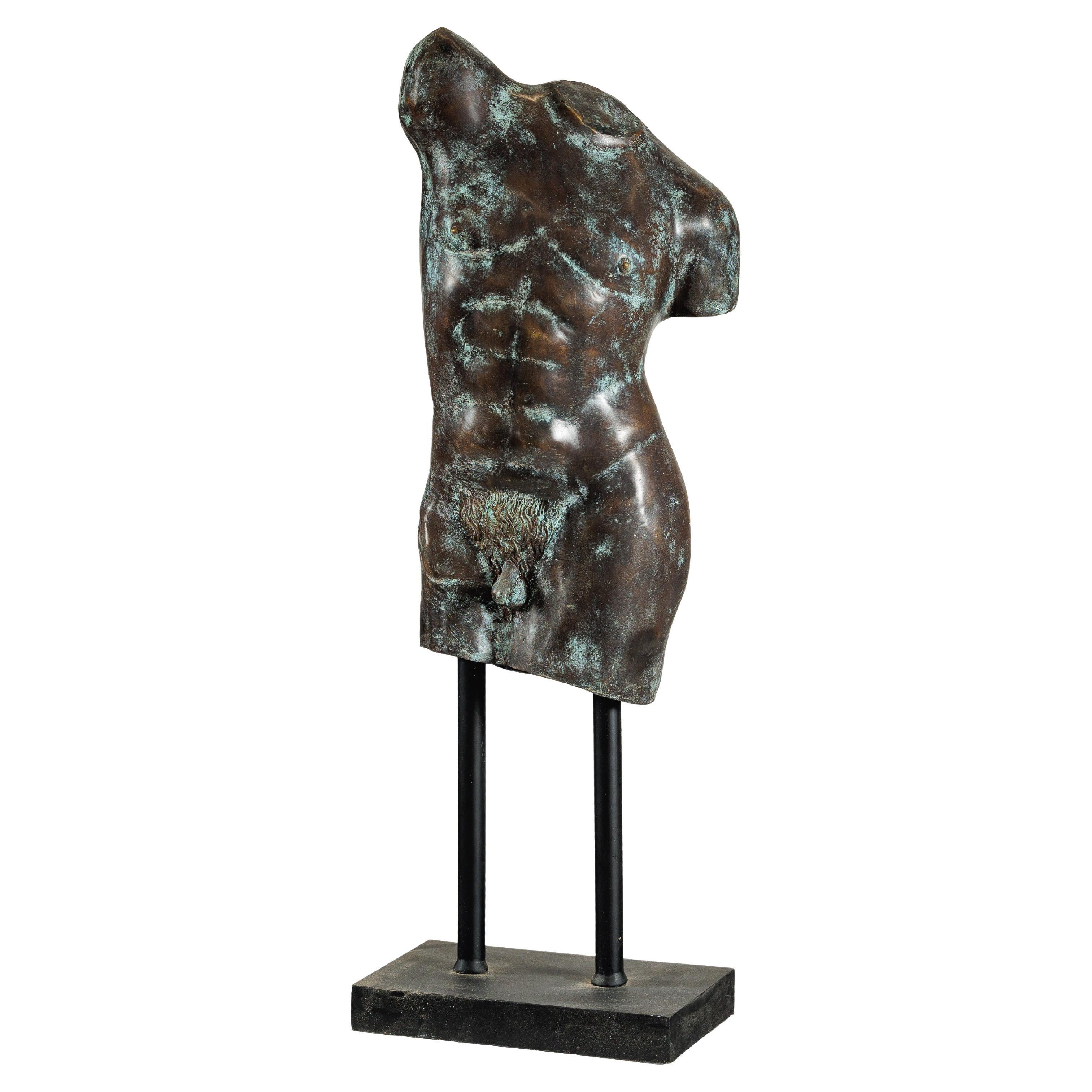 Bronze Male Torso Sculpture with Verdigris Patina Mounted on Black Stand For Sale