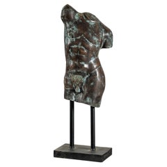 Bronze Male Torso Sculpture with Verdigris Patina Mounted on Black Stand