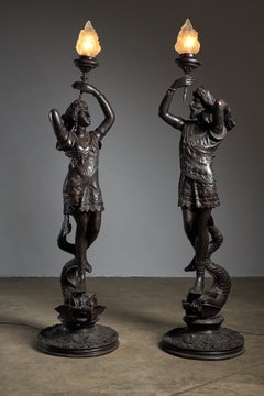 Bronze Man and Women Candle Holder, Large Statues with Flame
