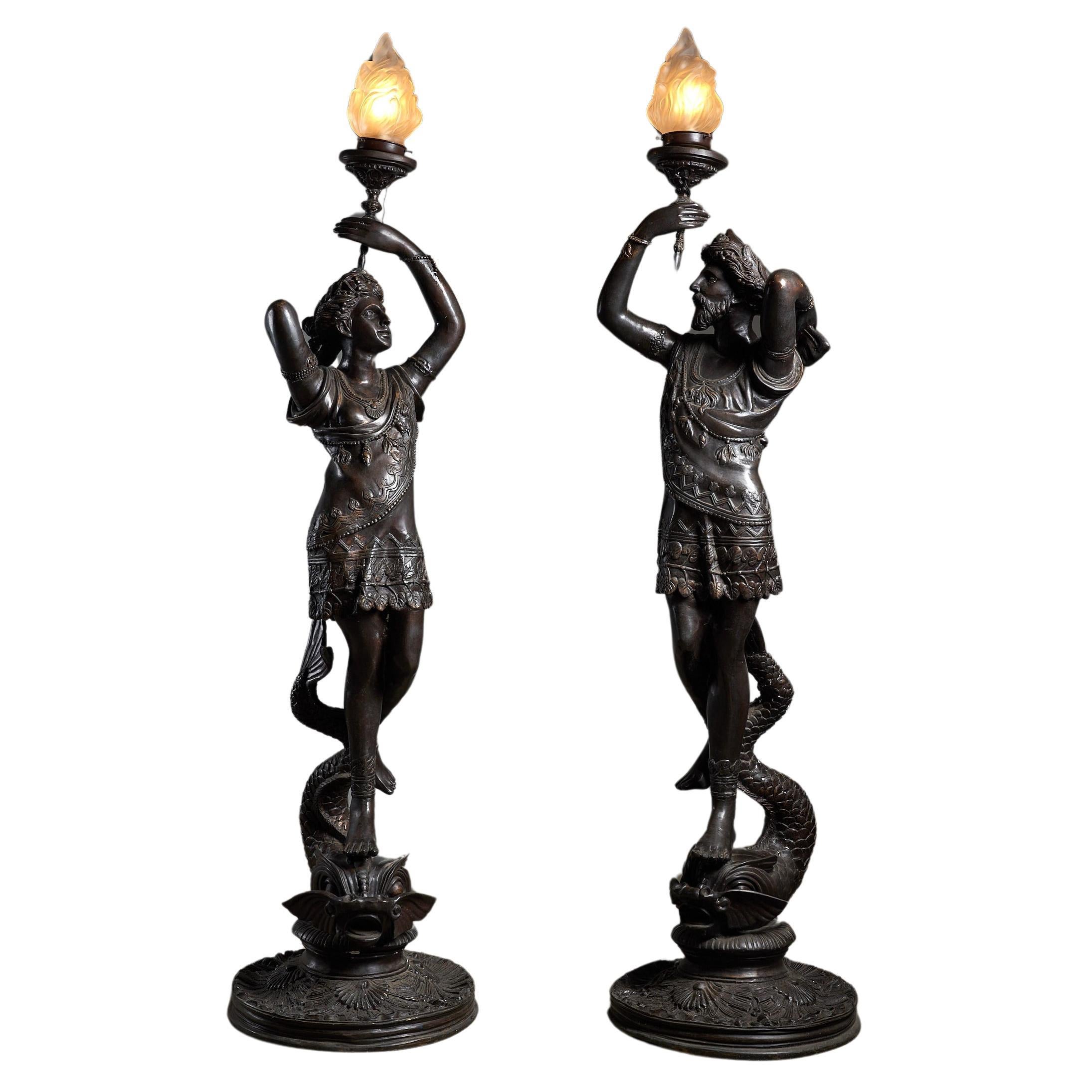 Bronze Man and Women Candle Holder, Large Statues with Flame For Sale