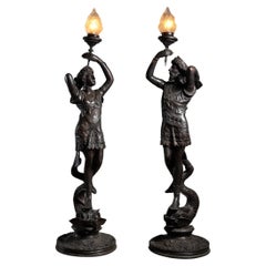 Bronze-Kerzenhalter für Mann und Frauen, große Statuen mit Flamme