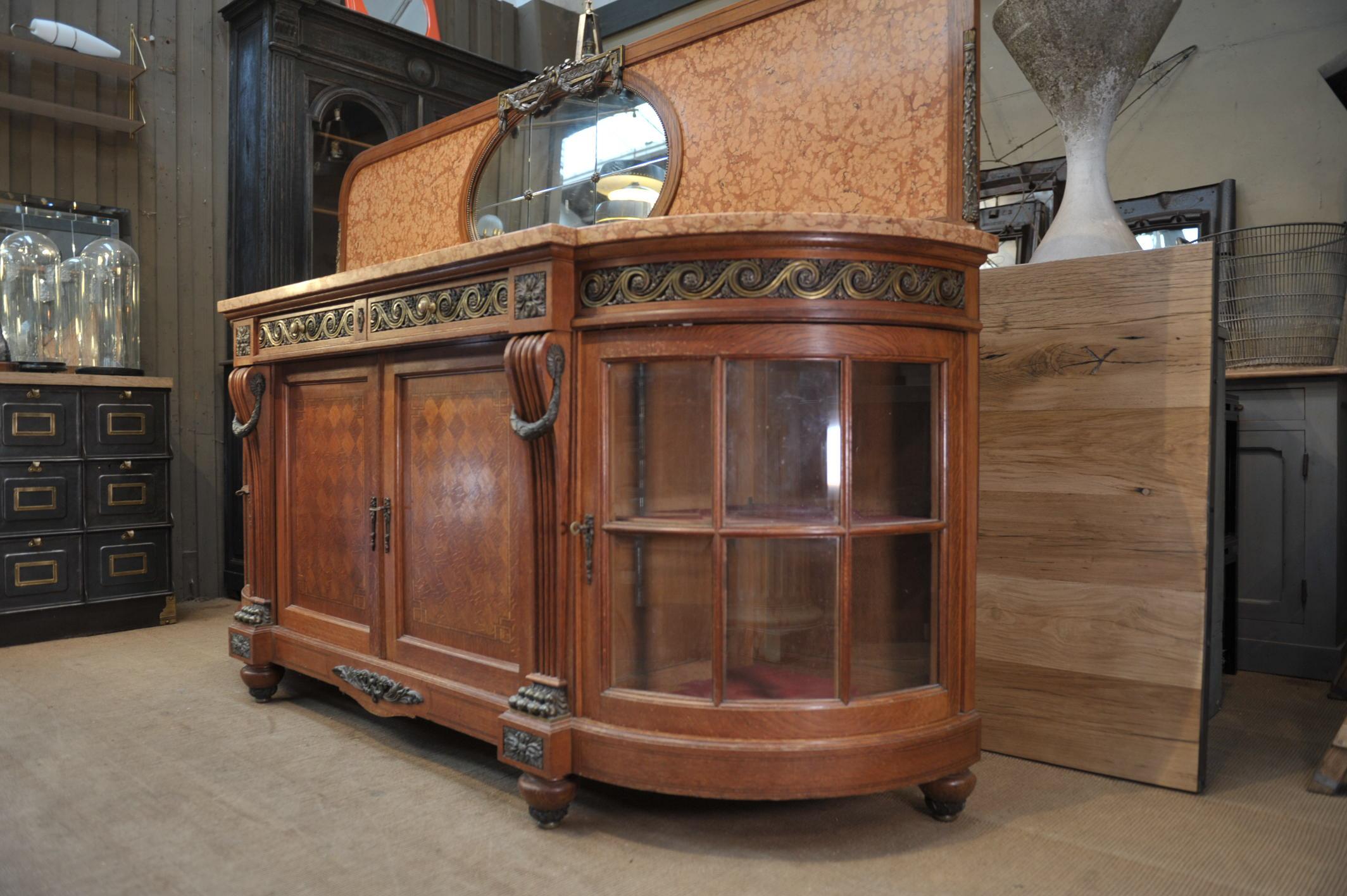Bronze Marble and Oak marquetry Side board Cabinet, circa 1920s For Sale 4