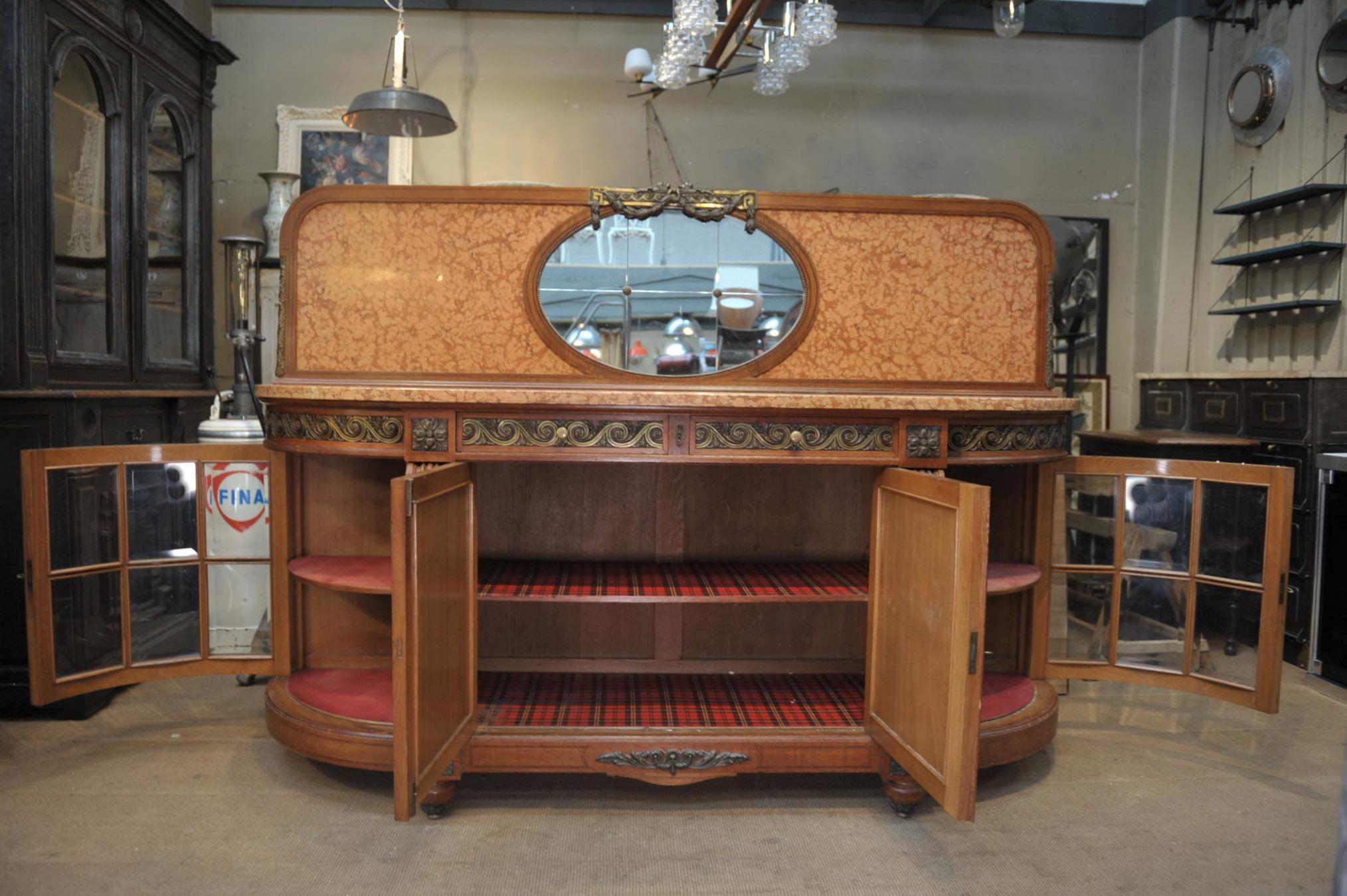 Bronze Marble and Oak marquetry Side board Cabinet, circa 1920s For Sale 6