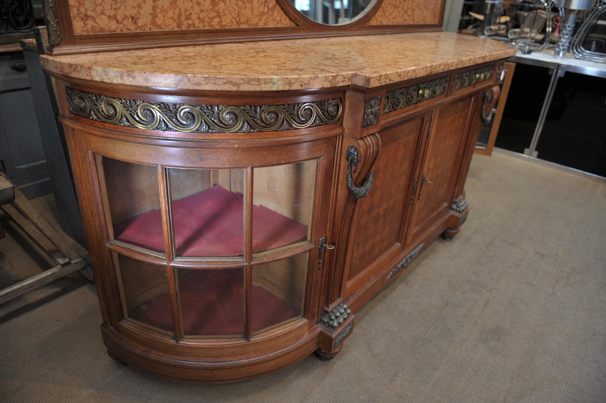Bronze Marble and Oak marquetry Side board Cabinet, circa 1920s For Sale 7