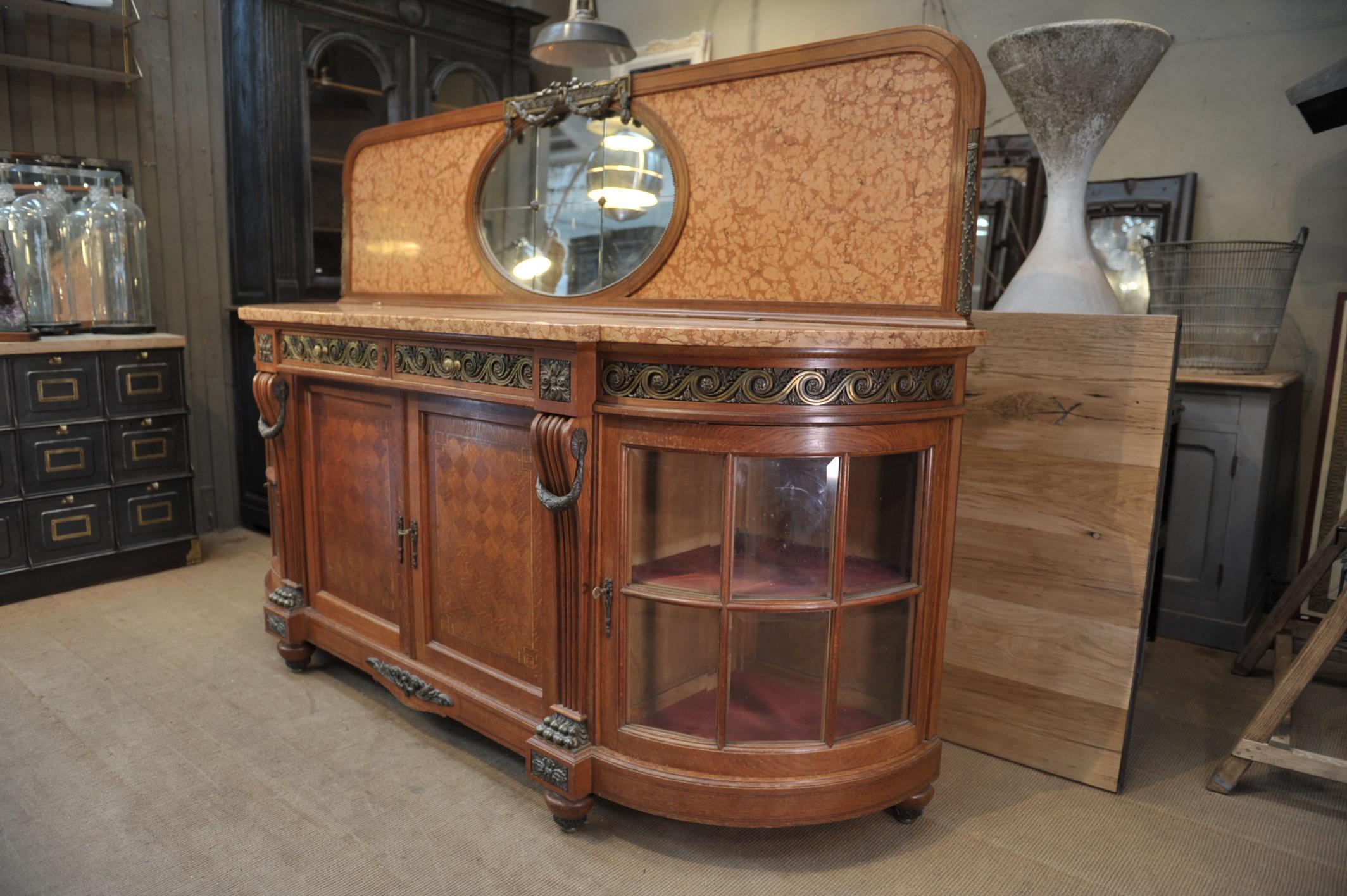 Bronze Marble and Oak marquetry Side board Cabinet, circa 1920s For Sale 8