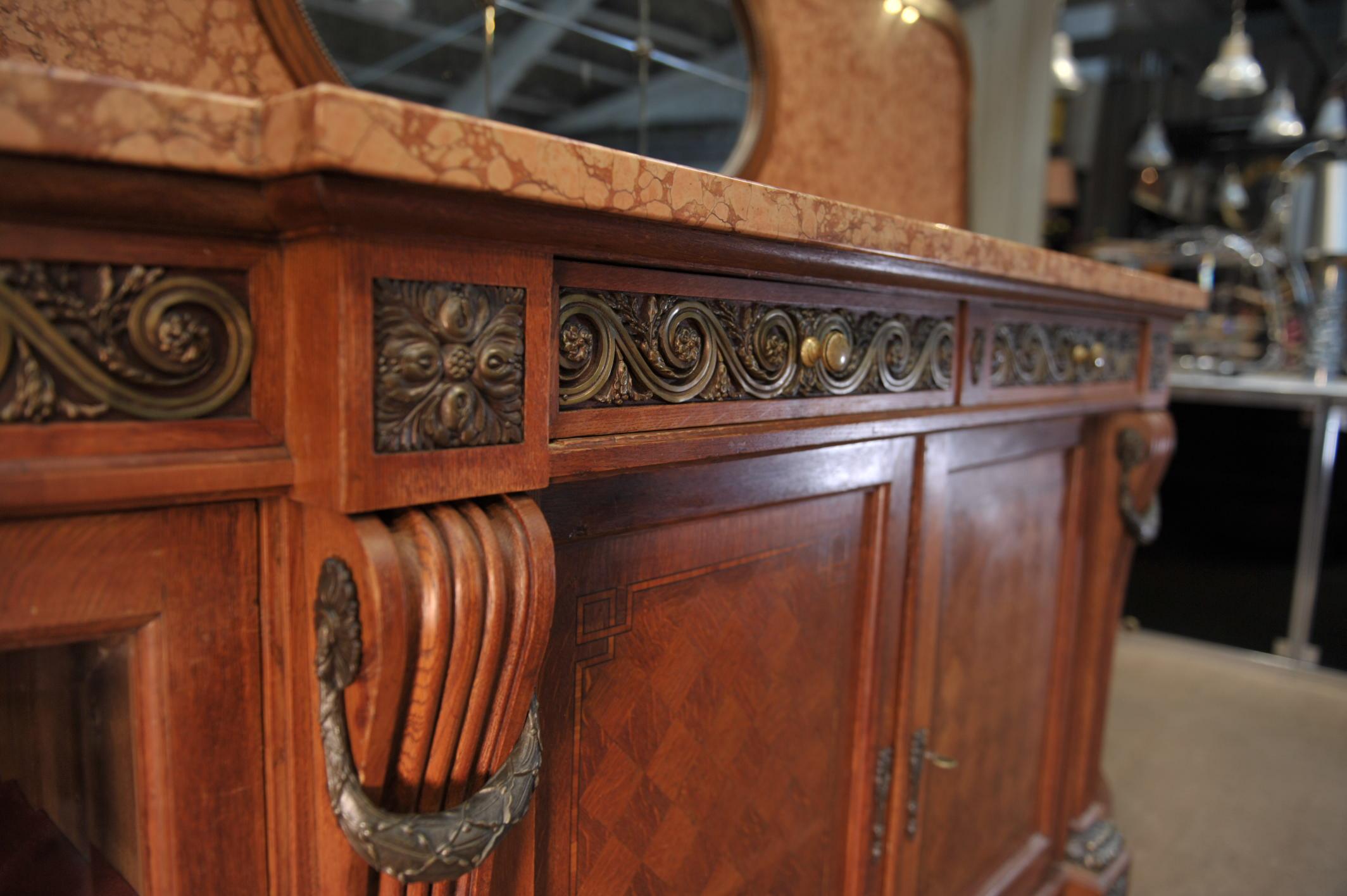 Art Nouveau Bronze Marble and Oak marquetry Side board Cabinet, circa 1920s For Sale