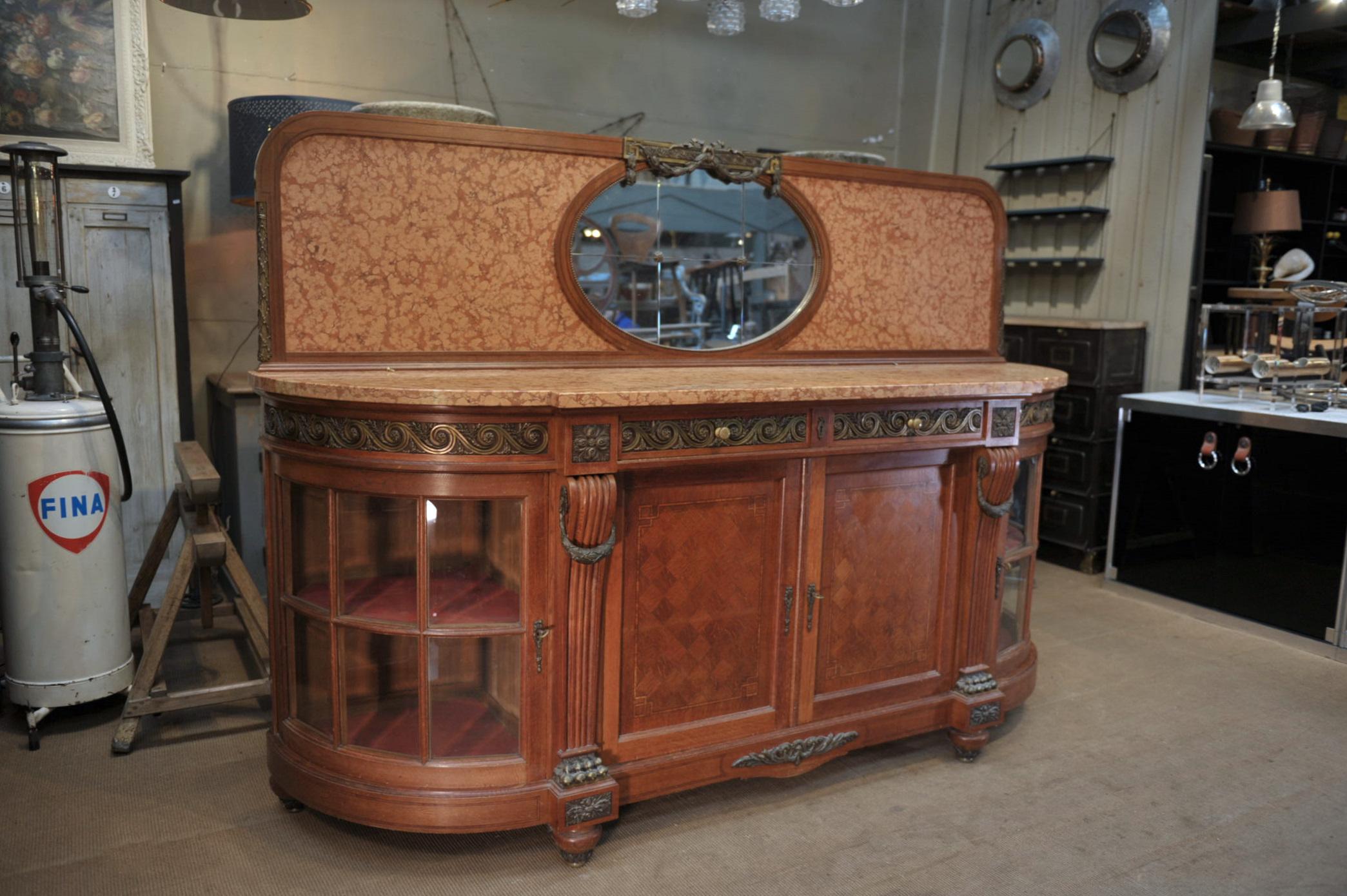 French Bronze Marble and Oak marquetry Side board Cabinet, circa 1920s For Sale