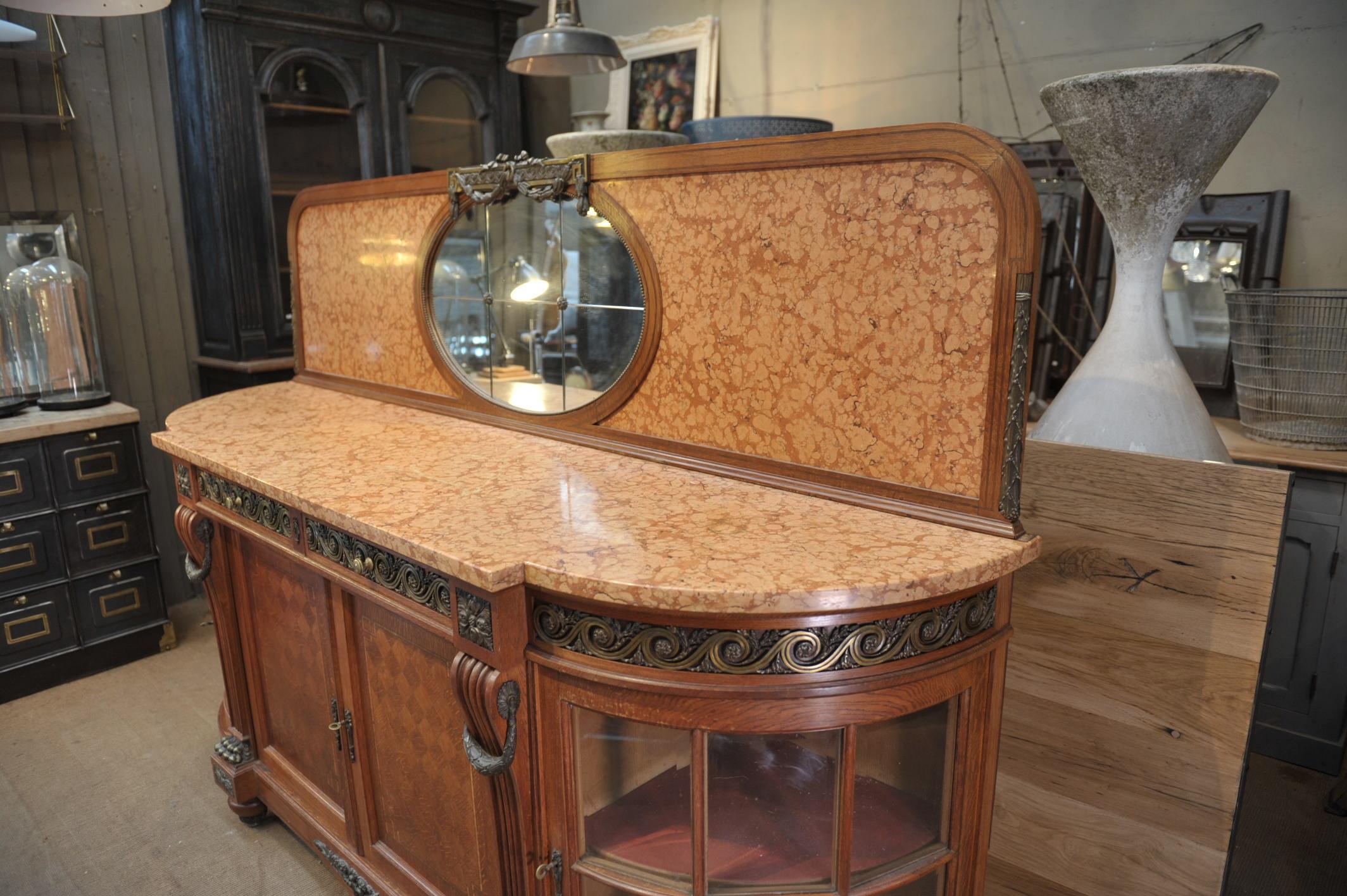 Bronze Marble and Oak marquetry Side board Cabinet, circa 1920s In Good Condition For Sale In Roubaix, FR