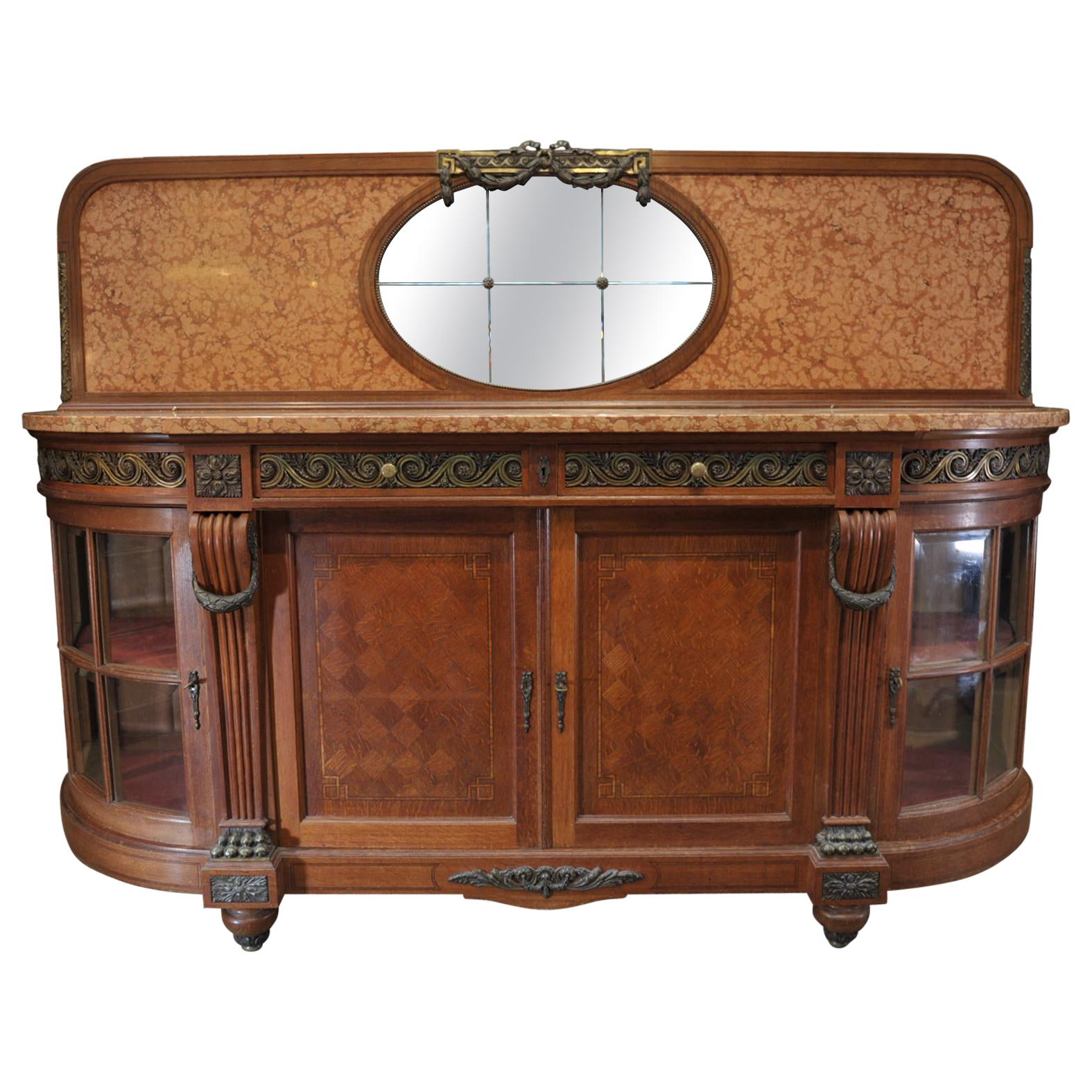 Bronze Marble and Oak marquetry Side board Cabinet, circa 1920s For Sale