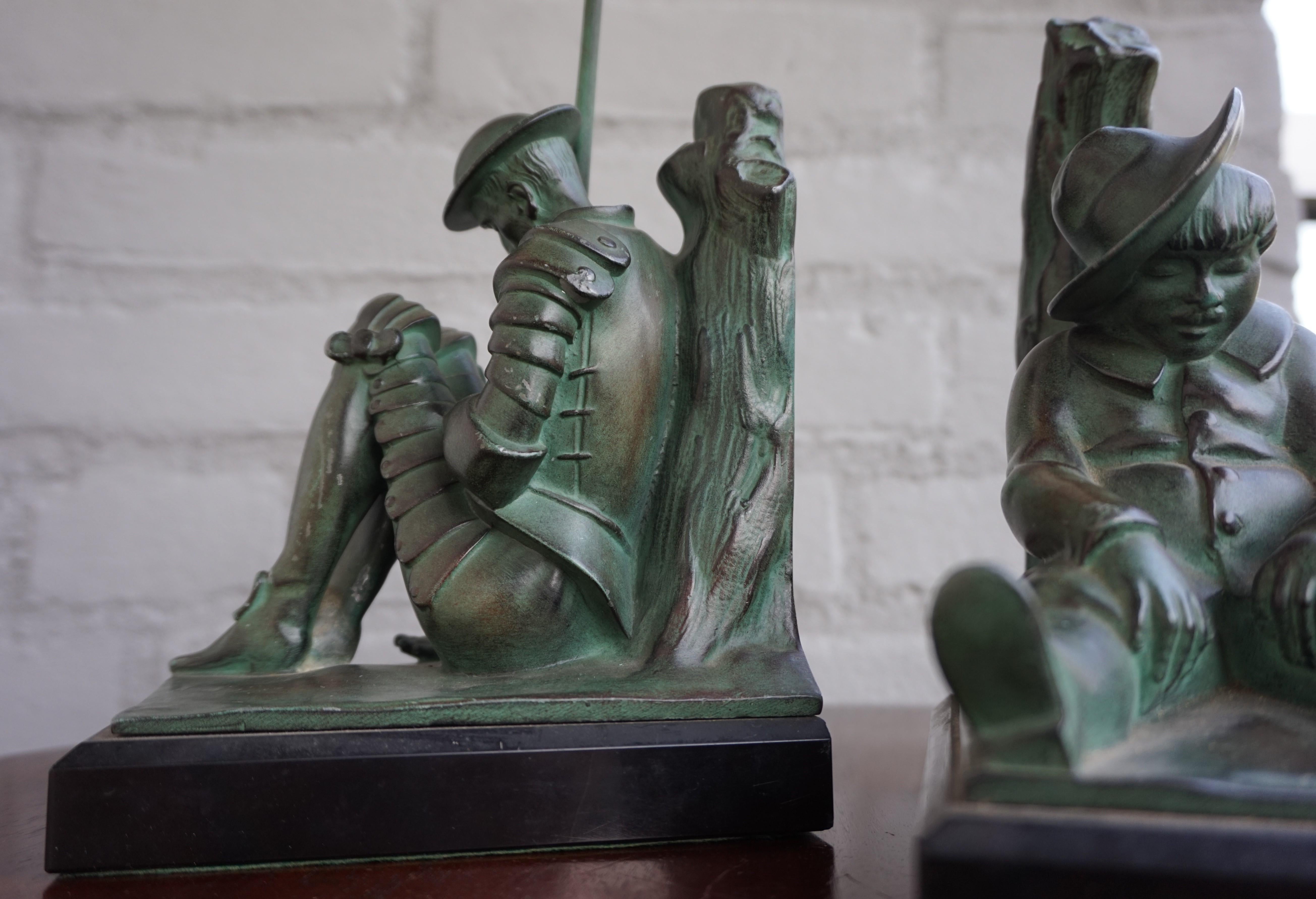 Bronze & Marble Art Deco Don Quixote & Sancho Panza Sculpture Bookends by Janle 1