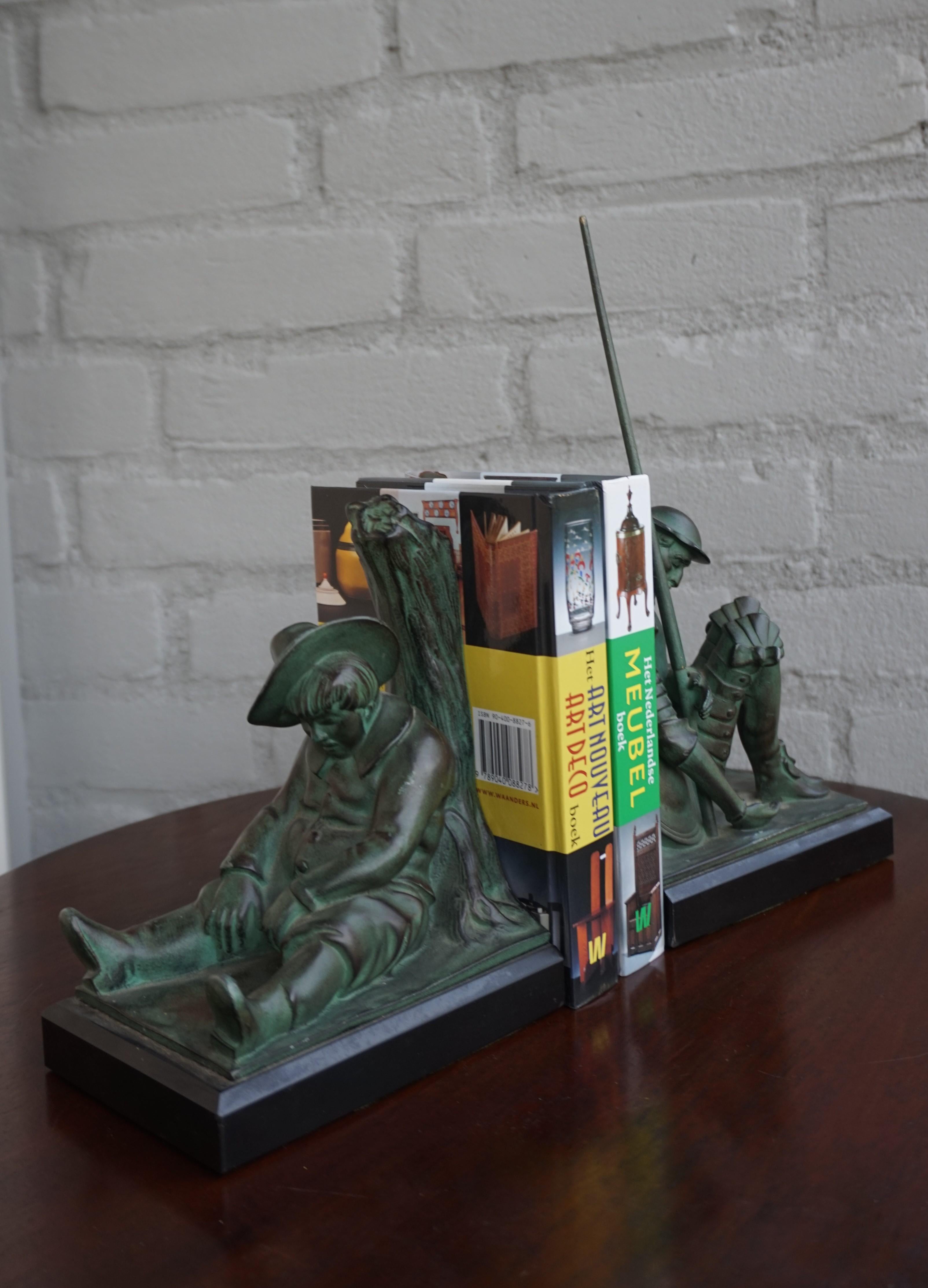 Bronze & Marble Art Deco Don Quixote & Sancho Panza Sculpture Bookends by Janle 11