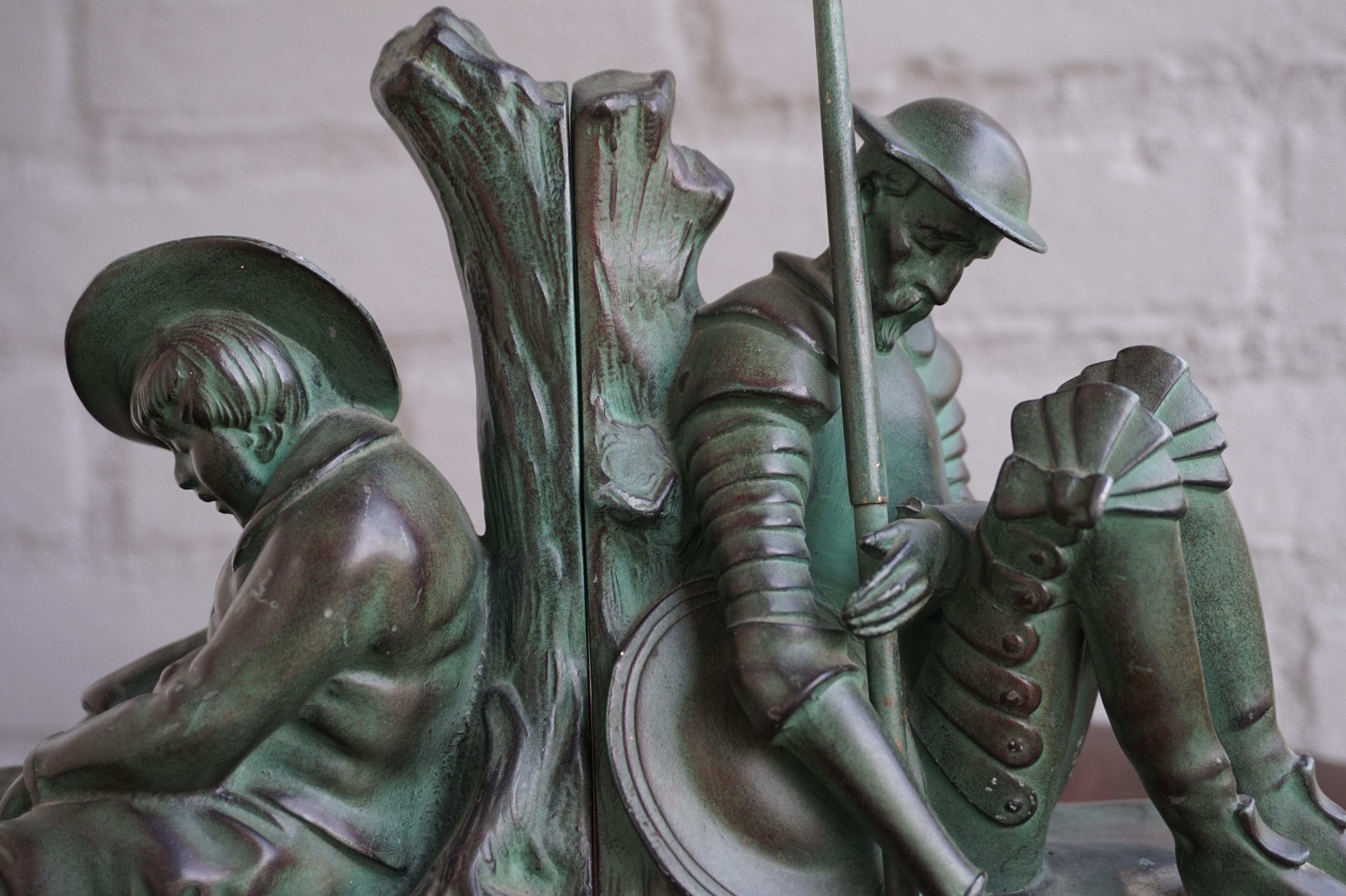 French Bronze & Marble Art Deco Don Quixote & Sancho Panza Sculpture Bookends by Janle
