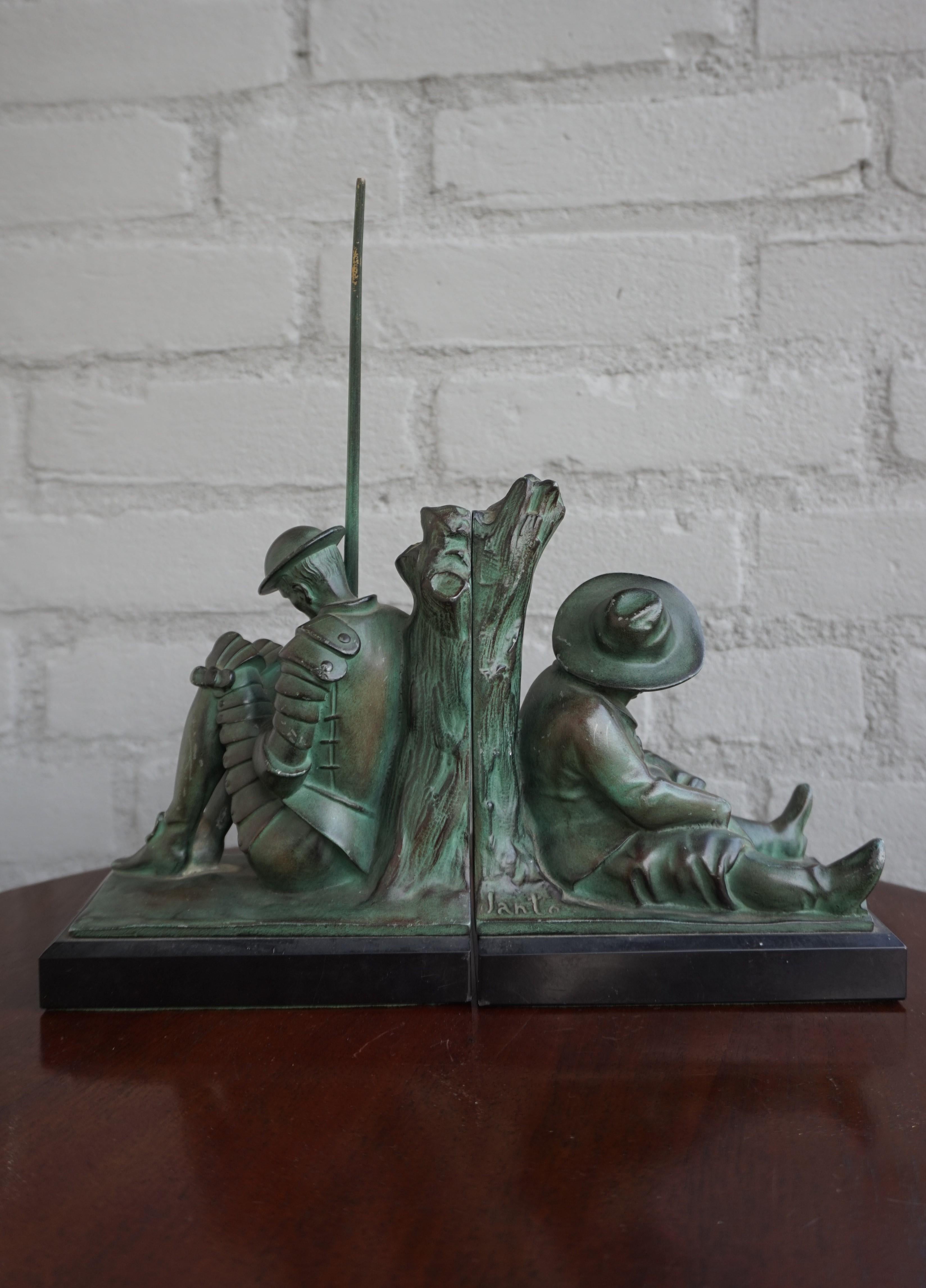 Patinated Bronze & Marble Art Deco Don Quixote & Sancho Panza Sculpture Bookends by Janle