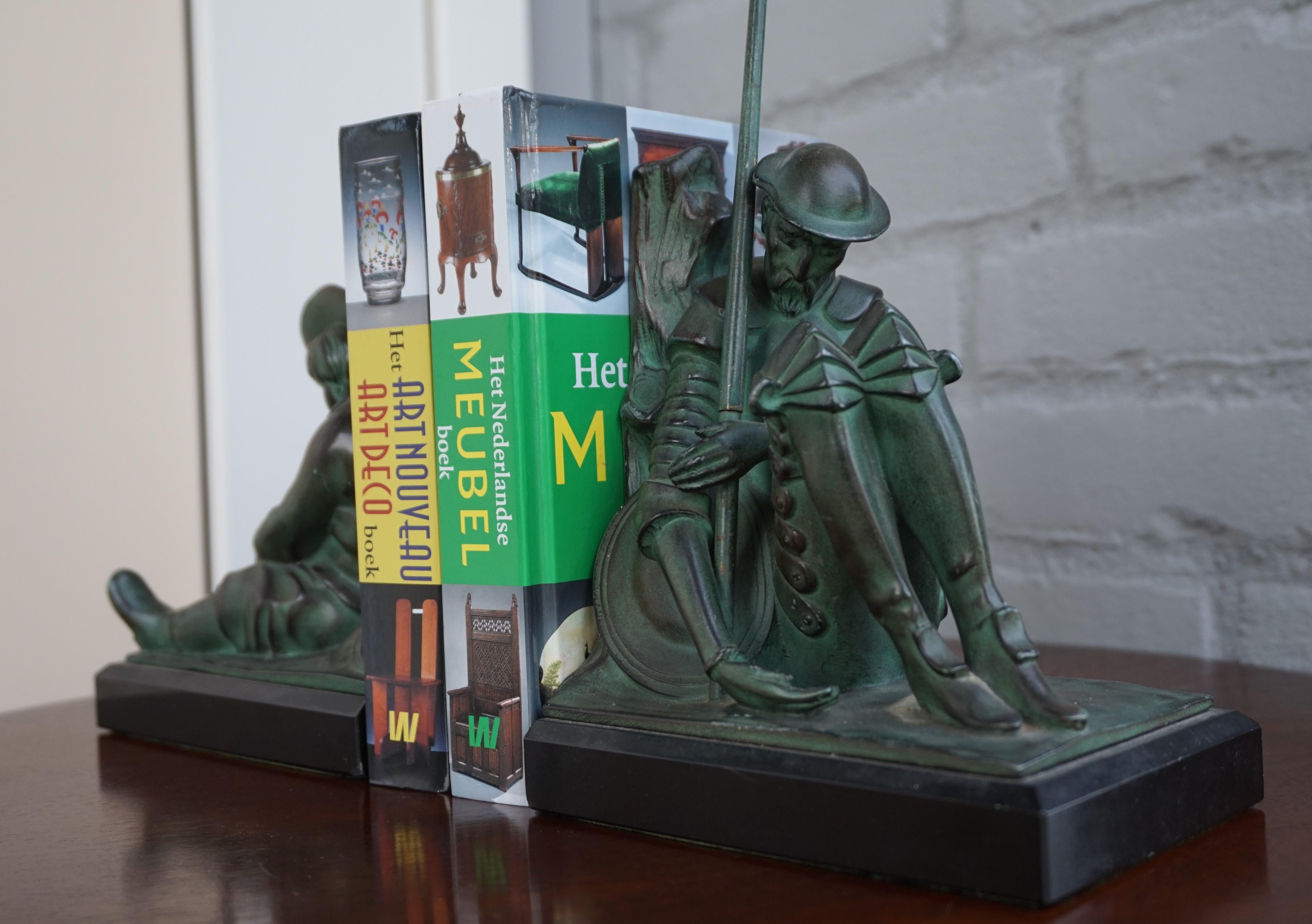 Bronze & Marble Art Deco Don Quixote & Sancho Panza Sculpture Bookends by Janle In Good Condition In Lisse, NL