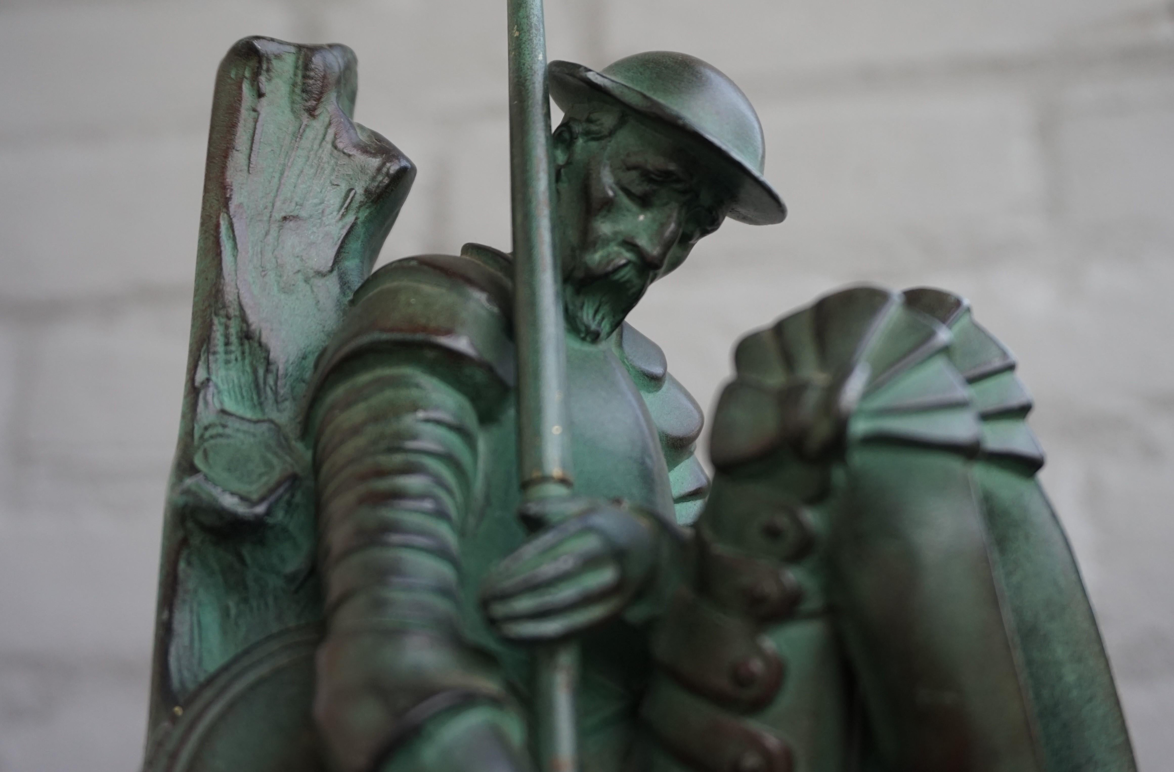 20th Century Bronze & Marble Art Deco Don Quixote & Sancho Panza Sculpture Bookends by Janle