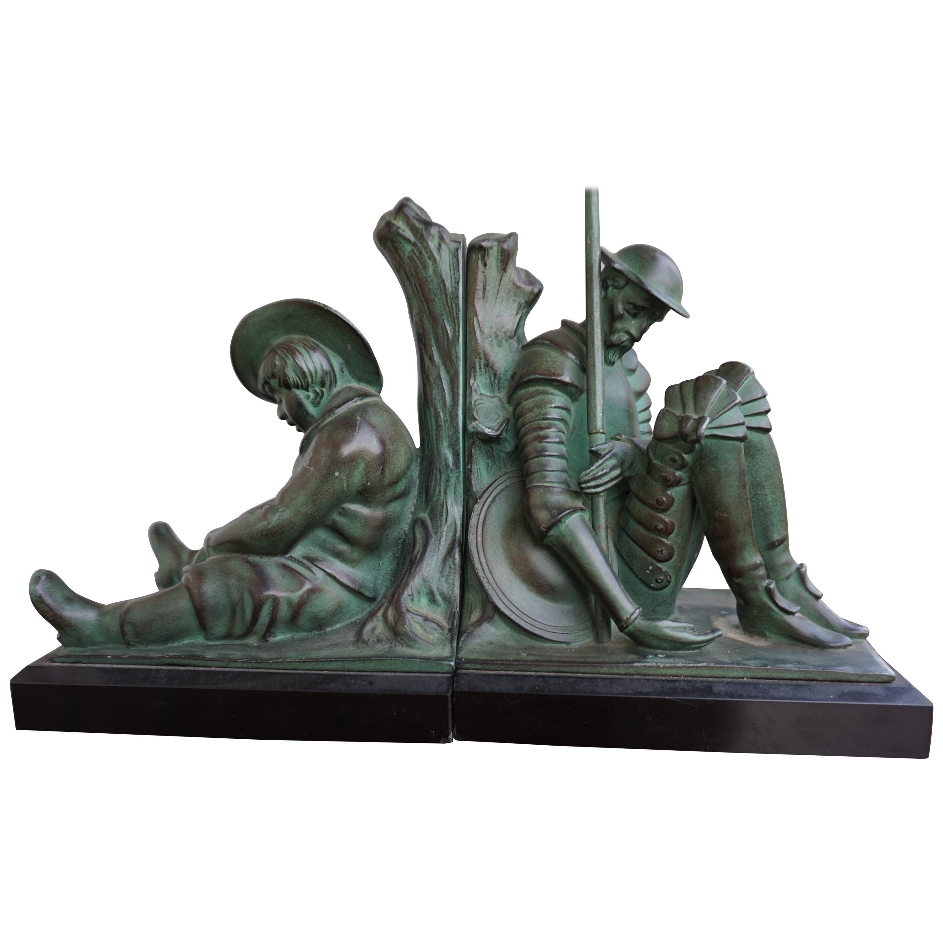 Bronze & Marble Art Deco Don Quixote & Sancho Panza Sculpture Bookends by Janle