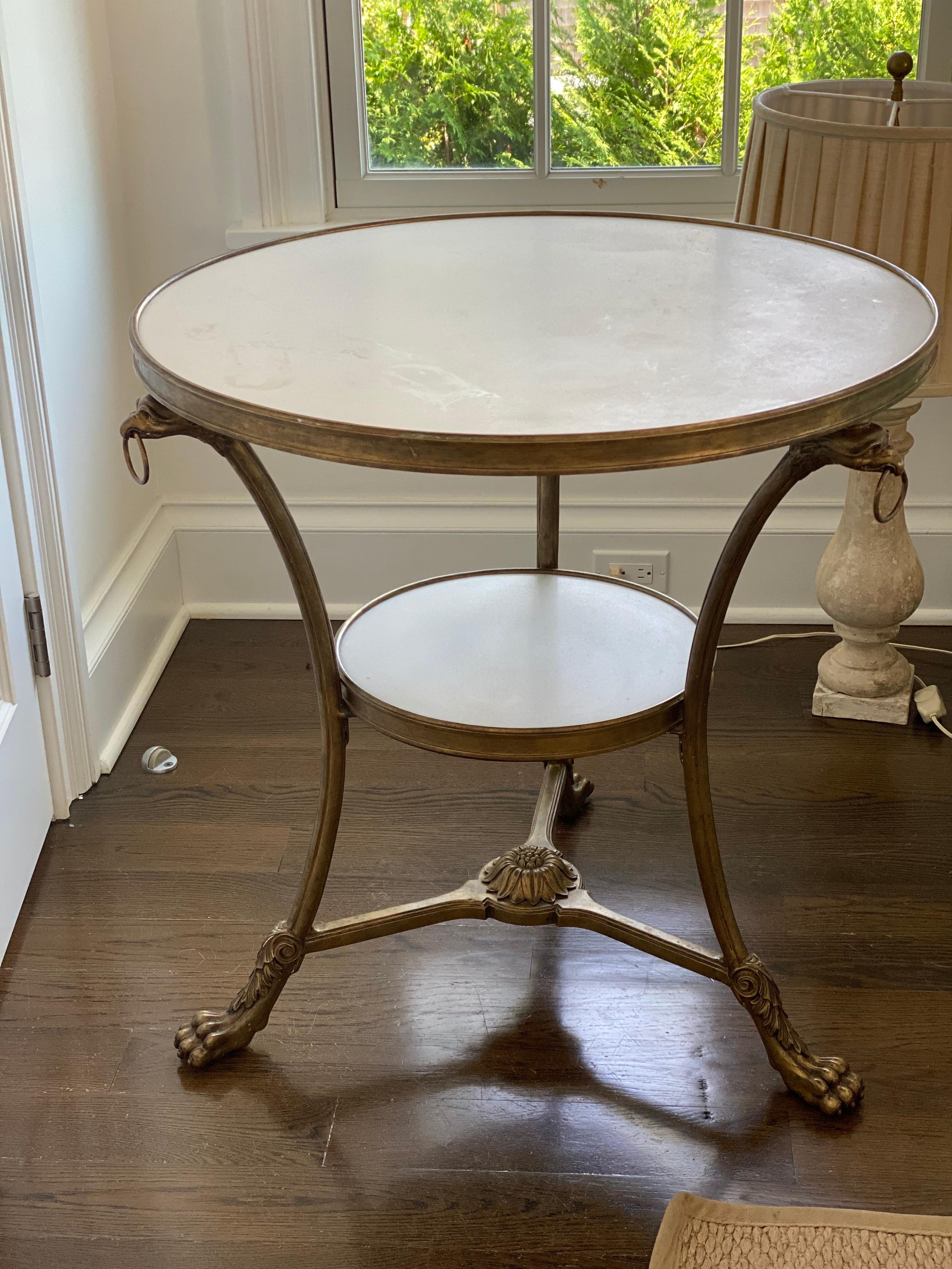 Bronze & marble gueridon table by Ralph Lauren
White marble top and lower round shelf. Bronze form with claw feet.
Light water marks on one marble top. Otherwise very good condition.
Marked Ralph Lauren
Priced to sell, moving in