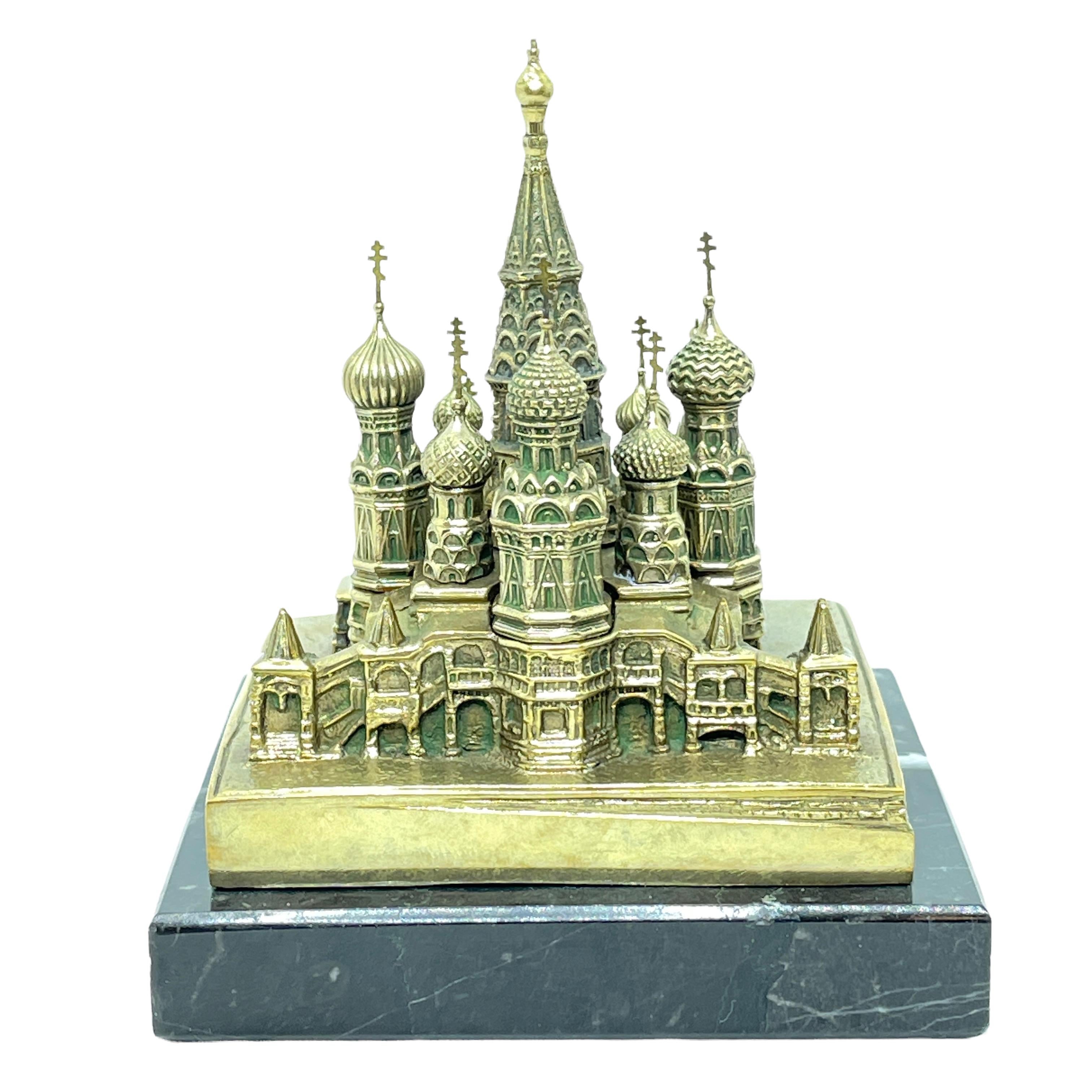 Stunning bronze on marble miniature replica of St. Basil's Cathedral in Moscow, probably the most famous building in all Russia, built by Czar Ivan the Terrible in the 16th century. This souvenir building was made in the former Soviet Union in 1970,