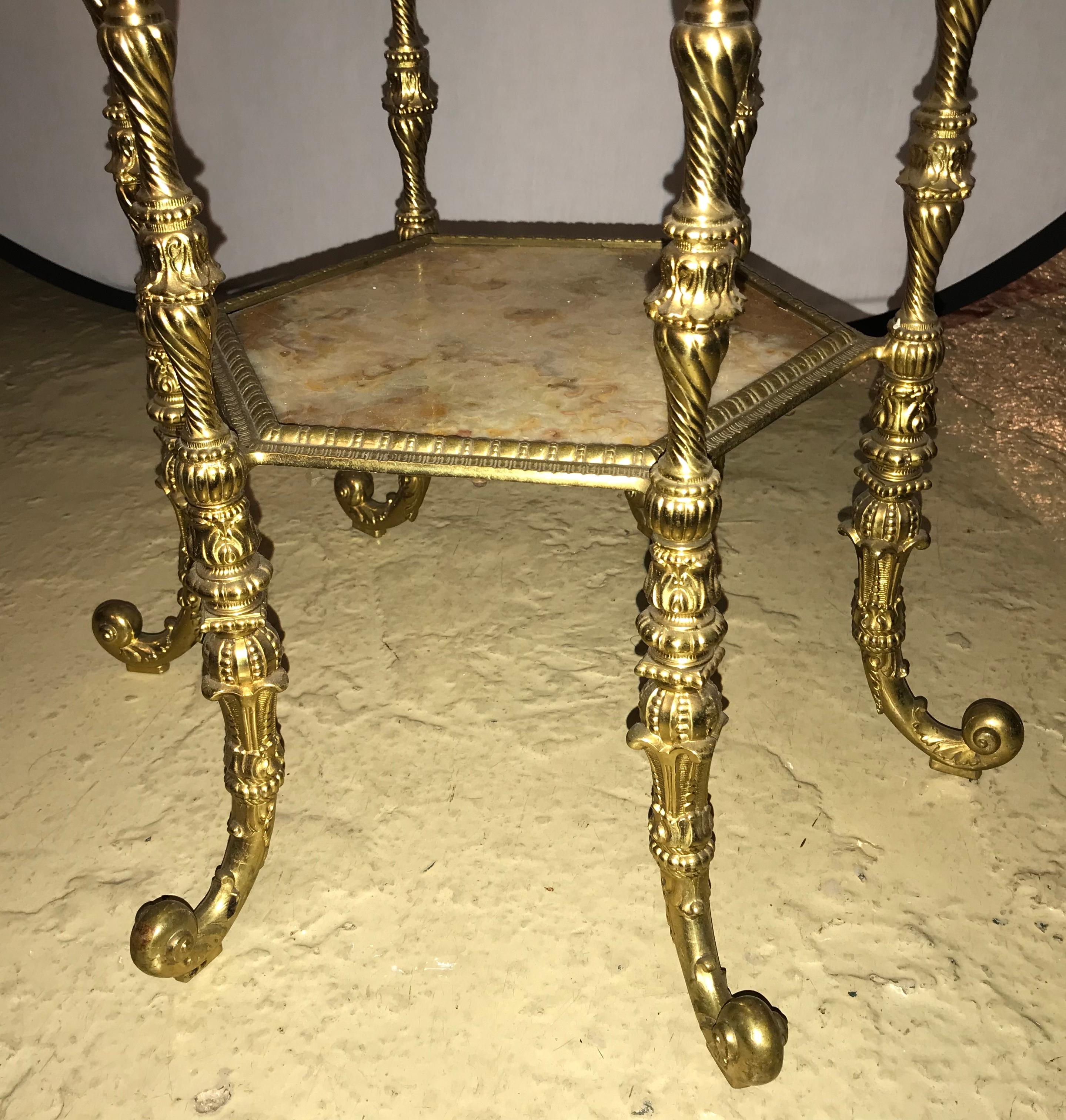 Bronze Marble-Top Two-Tier Pedestal or End Table Finely Carved 6