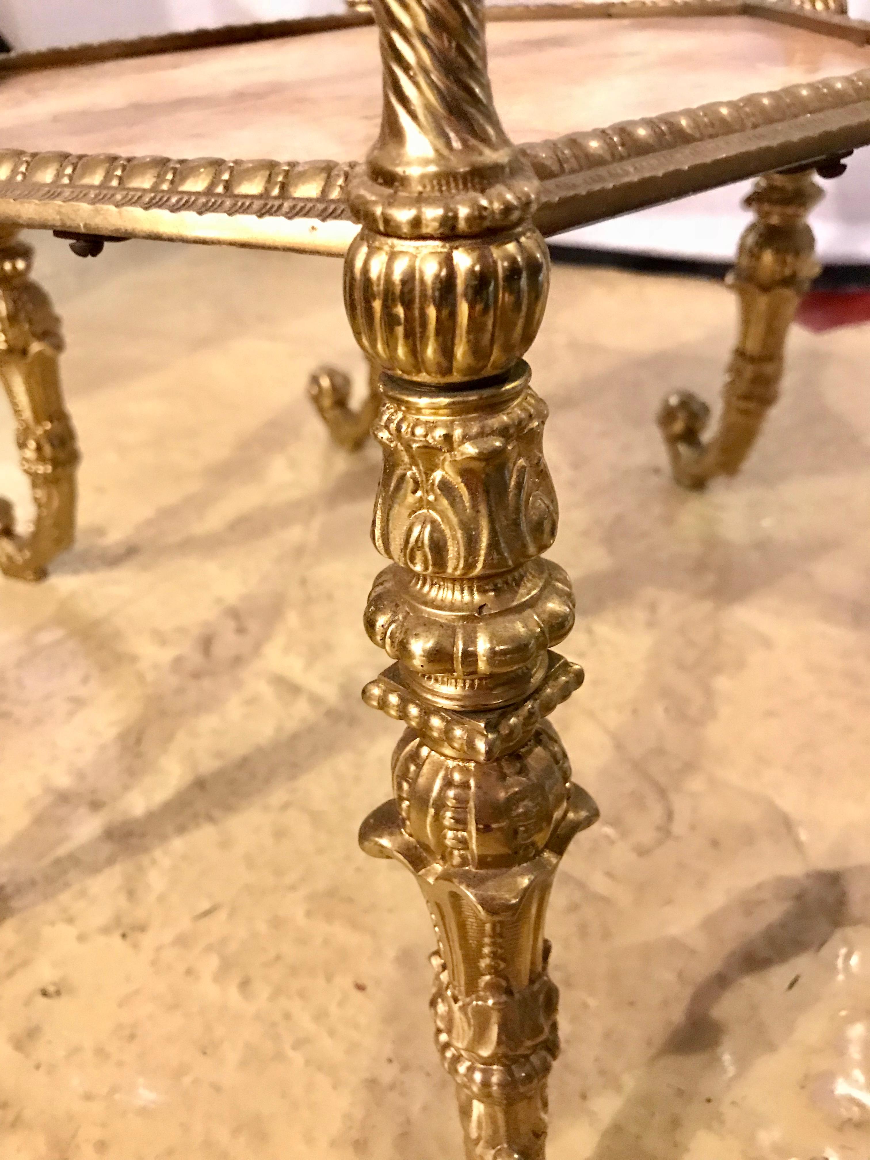 Bronze Marble-Top Two-Tier Pedestal or End Table Finely Carved 7