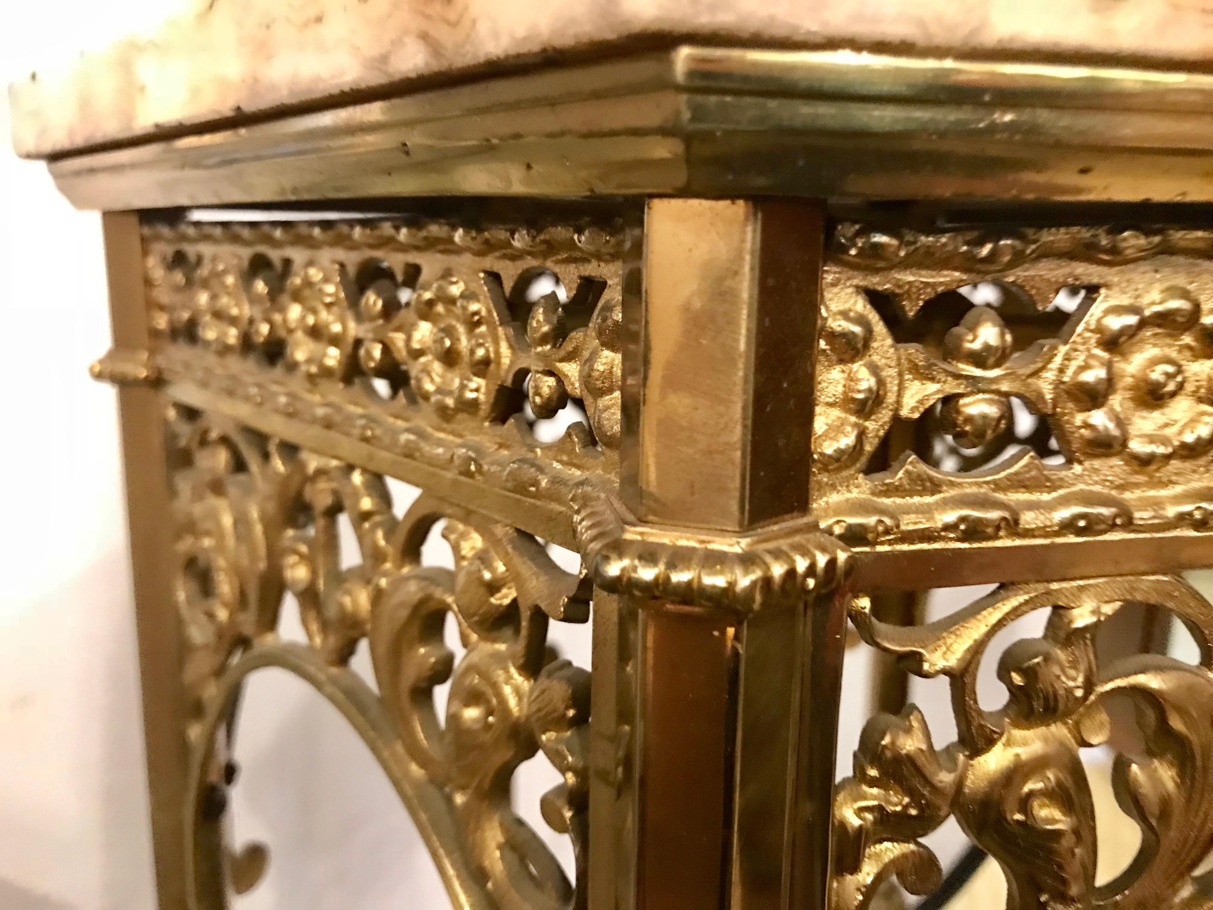 Bronze Marble-Top Two-Tier Pedestal or End Table Finely Carved 11