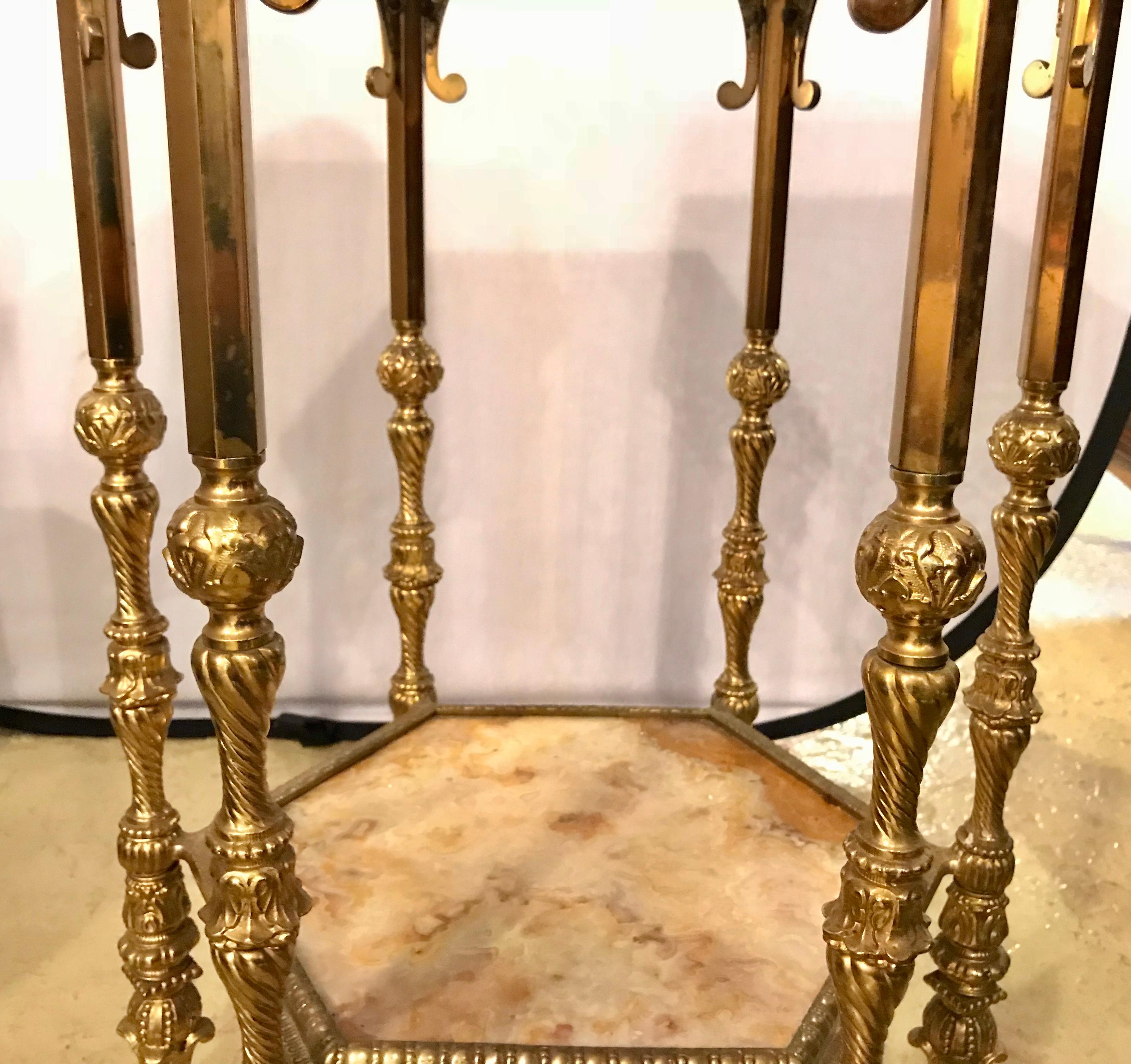 Bronze Marble-Top Two-Tier Pedestal or End Table Finely Carved 12