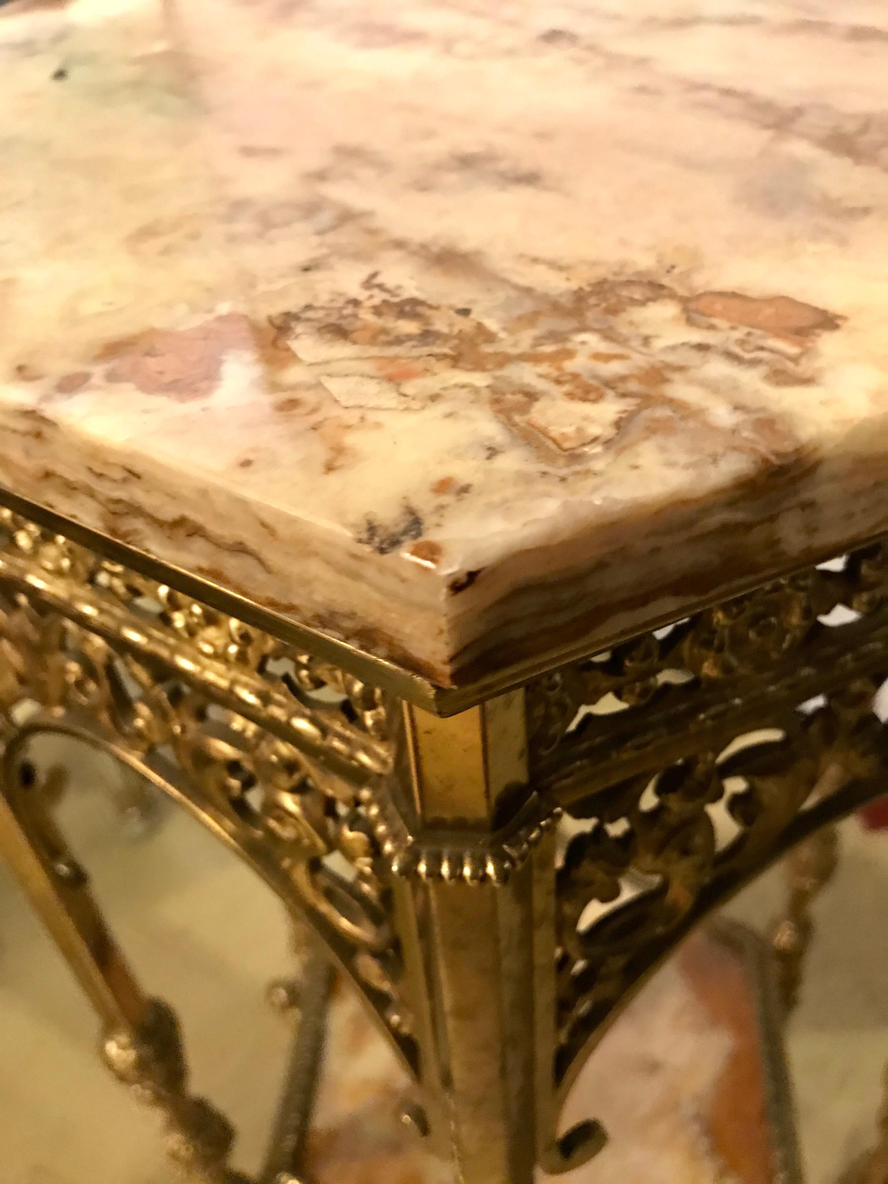 Bronze Marble-Top Two-Tier Pedestal or End Table Finely Carved 15