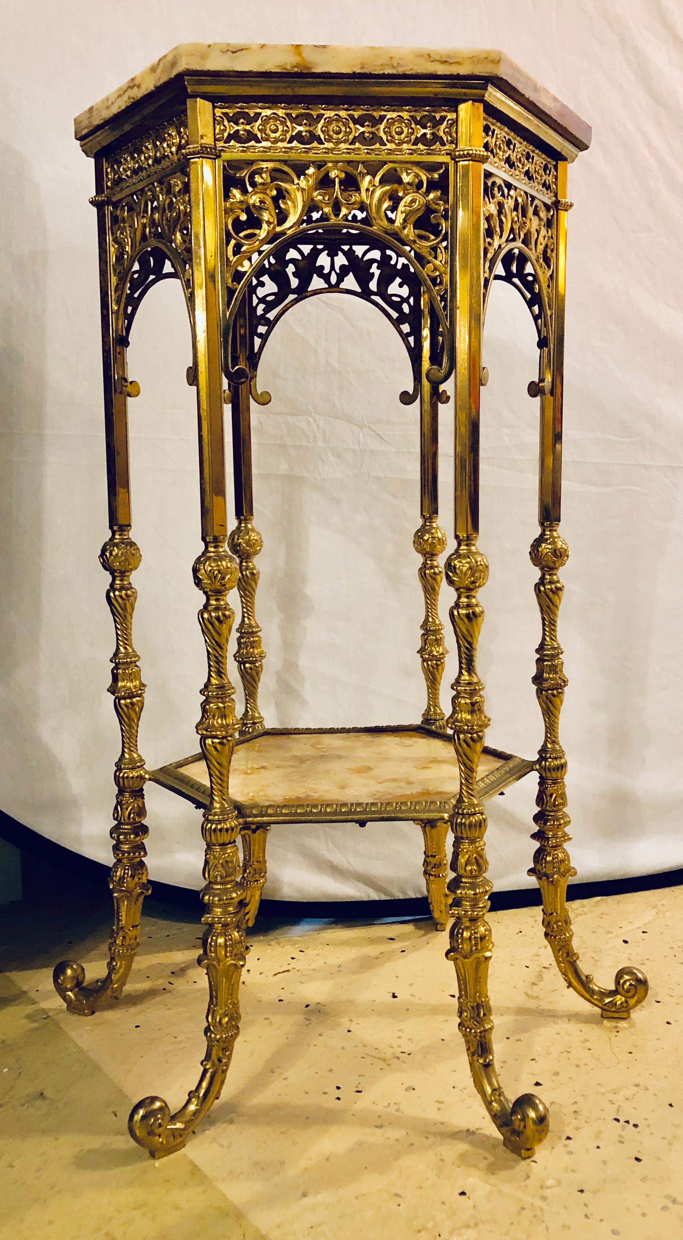 Bronze Marble-Top Two-Tier Pedestal or End Table Finely Carved In Good Condition In Stamford, CT