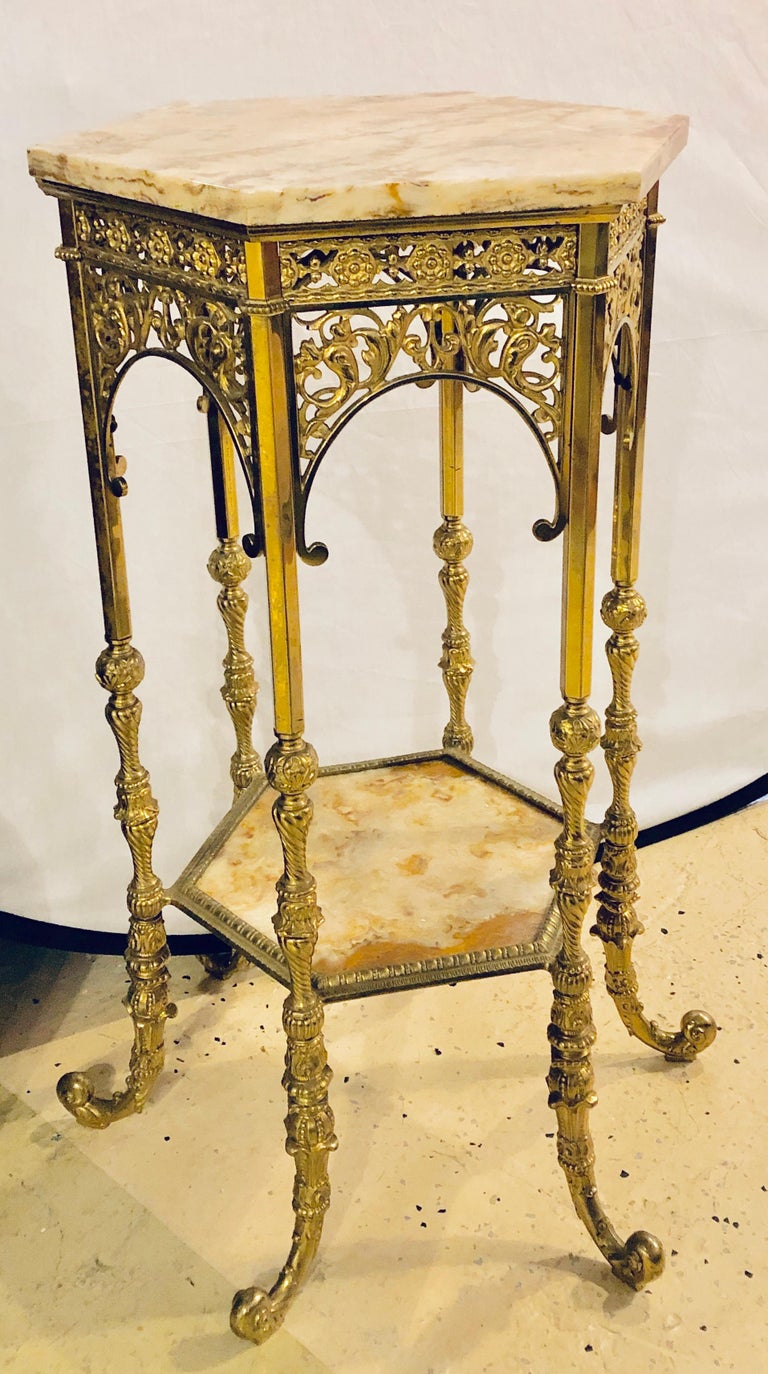 Bronze MarbleTop TwoTier Pedestal or End Table Finely Carved at 1stdibs