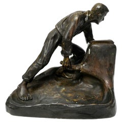Vintage Bronze Matchbox Holder, Ploughman Working the Fields, 19th Century