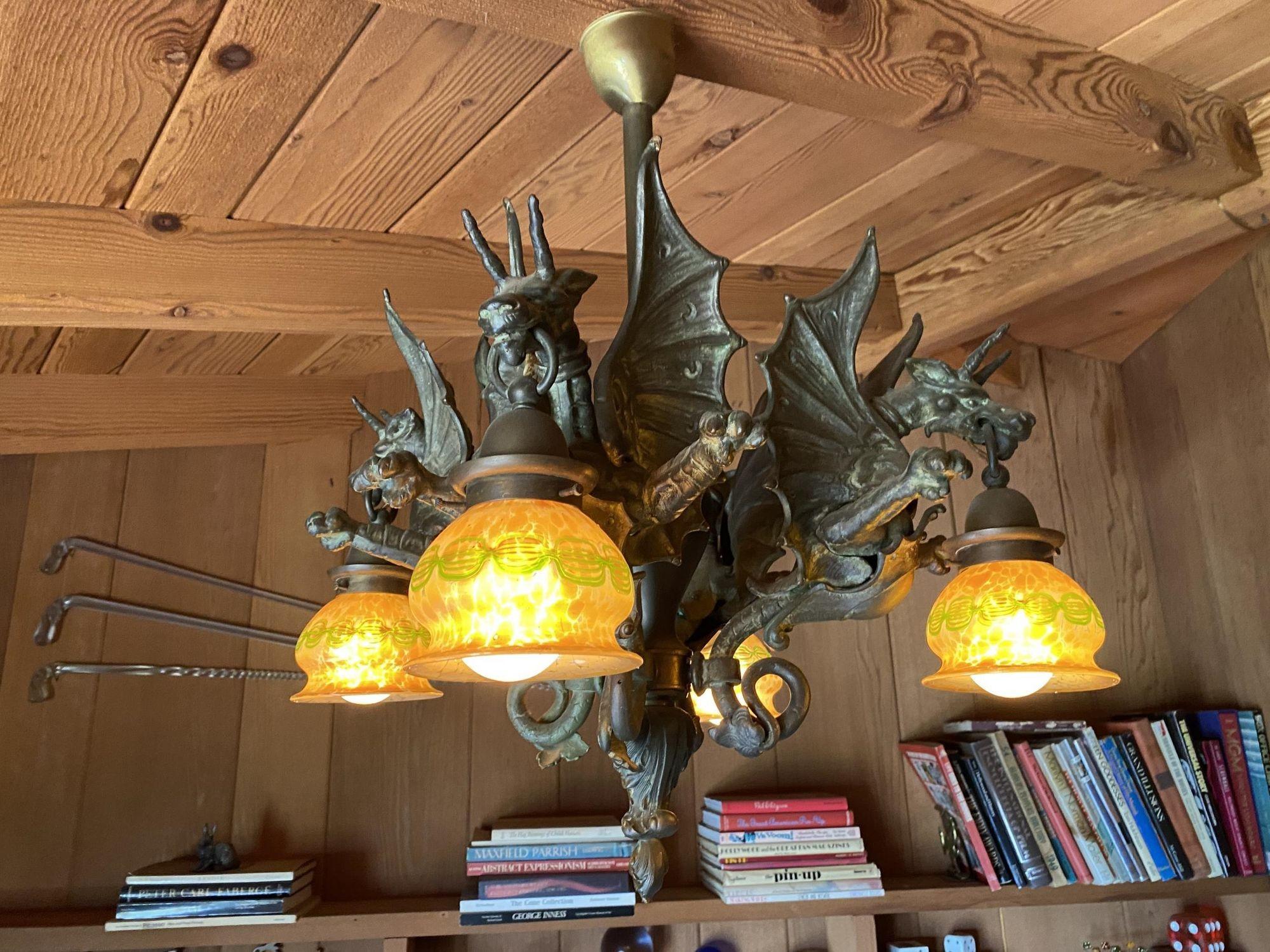 Bronze Medieval Dragon Chandelier w/ Quezal Gold Iridescent Shades For Sale 4