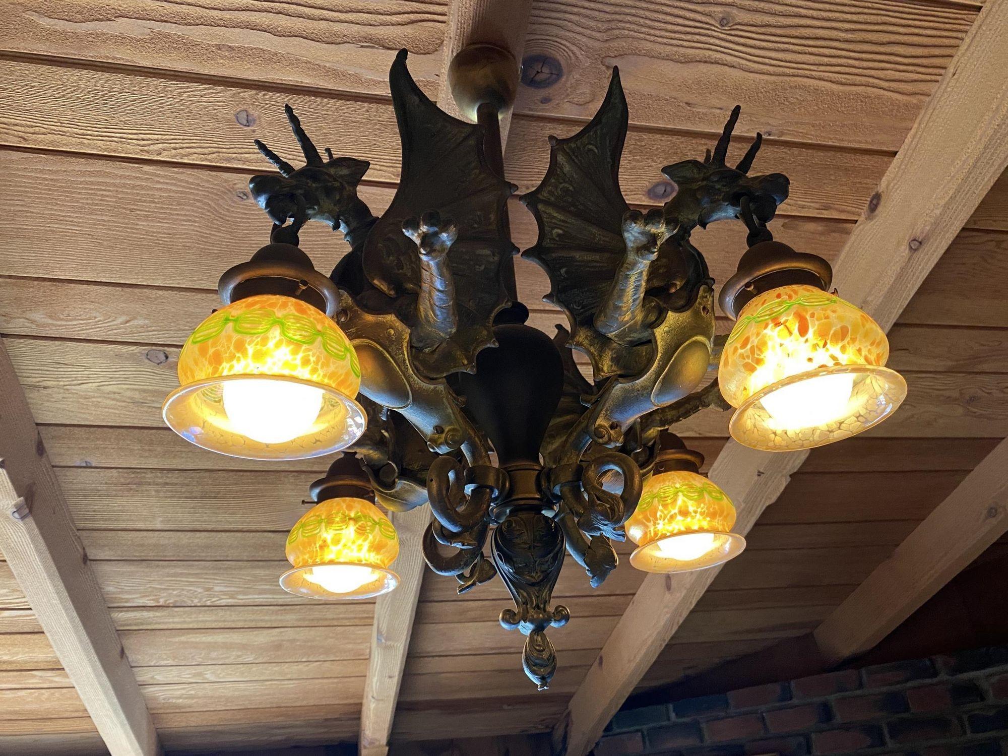 Bronze Medieval Dragon Chandelier w/ Quezal Gold Iridescent Shades For Sale 5