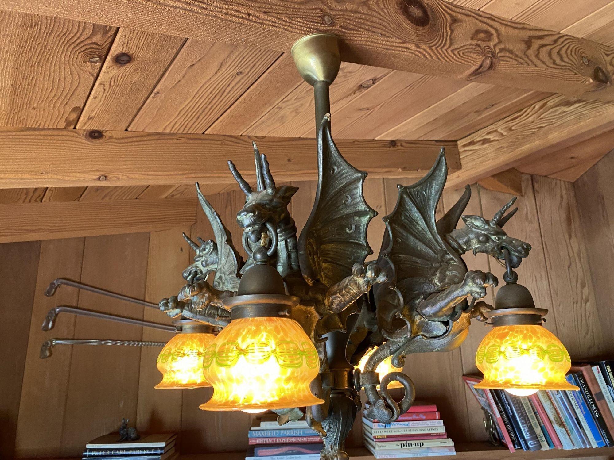 American Bronze Medieval Dragon Chandelier w/ Quezal Gold Iridescent Shades For Sale
