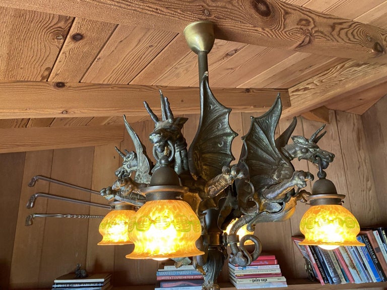 Bronze Medieval Dragon Chandelier w/ Quezal Gold Iridescent Shades For Sale  at 1stDibs