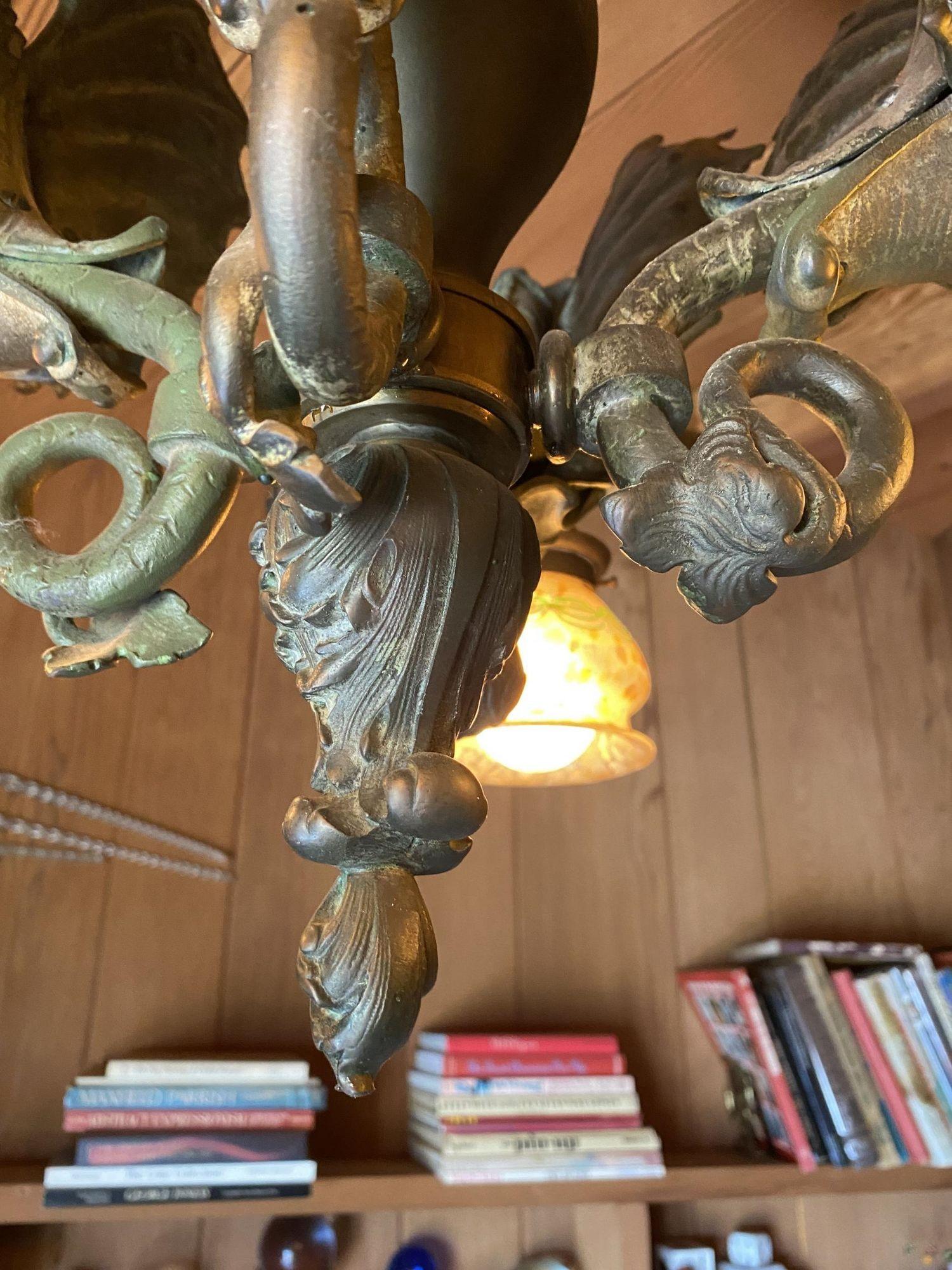 Bronze Medieval Dragon Chandelier w/ Quezal Gold Iridescent Shades 1920's 1