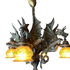 Edwardian Era Bronze Gothic Dragon Chandelier w/ Quezal Gold Iridescent Shades