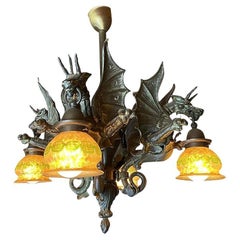 Bronze Medieval Gothic Dragon Chandelier w/ Quezal Gold Iridescent Shades