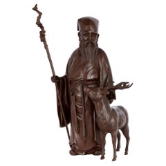 Bronze Meiji Period Sculpture of Jurōjin, God of Longevity, with Deer and Staff