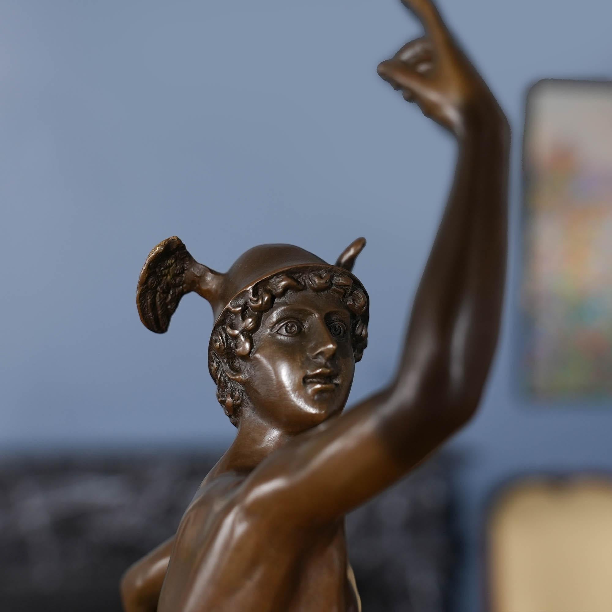 Hand-Crafted Bronze Mercury on Marble Base For Sale