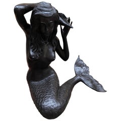 Vintage Bronze Mermaid Fountain Garden Statue Siren Female Figurine, 20th Century