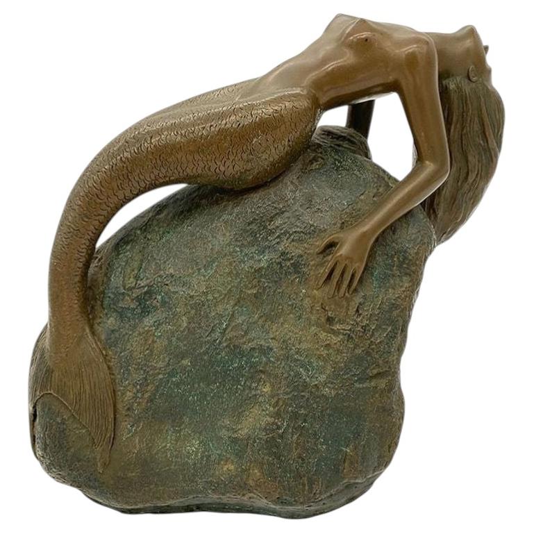 Neoclassic Bronze Nude Mermaid Siren Statue on Beach Rock by James Siebert