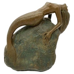 Neoclassic Bronze Nude Mermaid Siren Statue on Beach Rock by James Siebert
