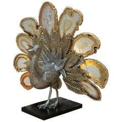 Vintage Bronze Metal and Agate Stone Peacock Sculpture France, circa 1970